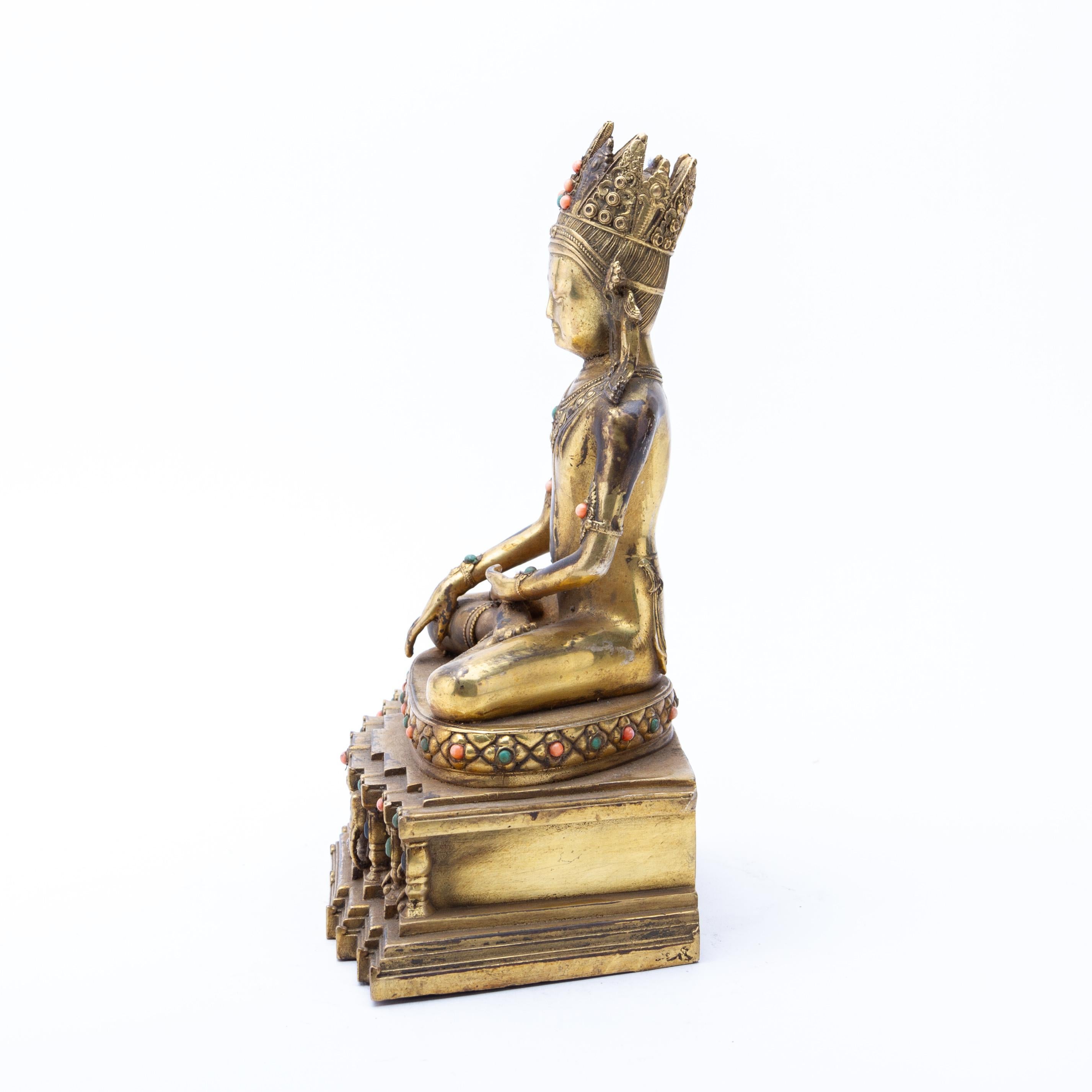19th Century Tibetan Gilt Bronze Hindu Buddhist Sculpture of Buddha Inlaid Coral Late 19th C For Sale