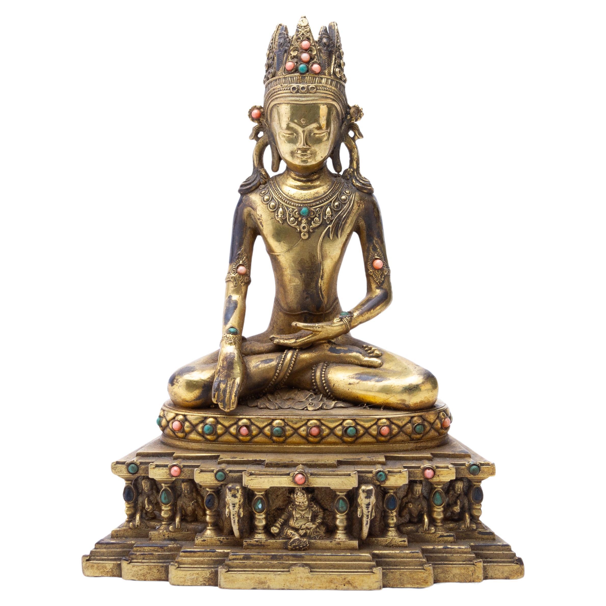 Tibetan Gilt Bronze Hindu Buddhist Sculpture of Buddha Inlaid Coral Late 19th C For Sale