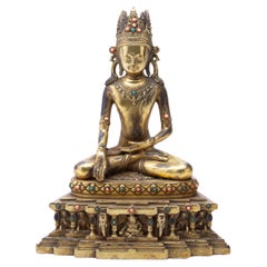 Antique Tibetan Gilt Bronze Hindu Buddhist Sculpture of Buddha Inlaid Coral Late 19th C
