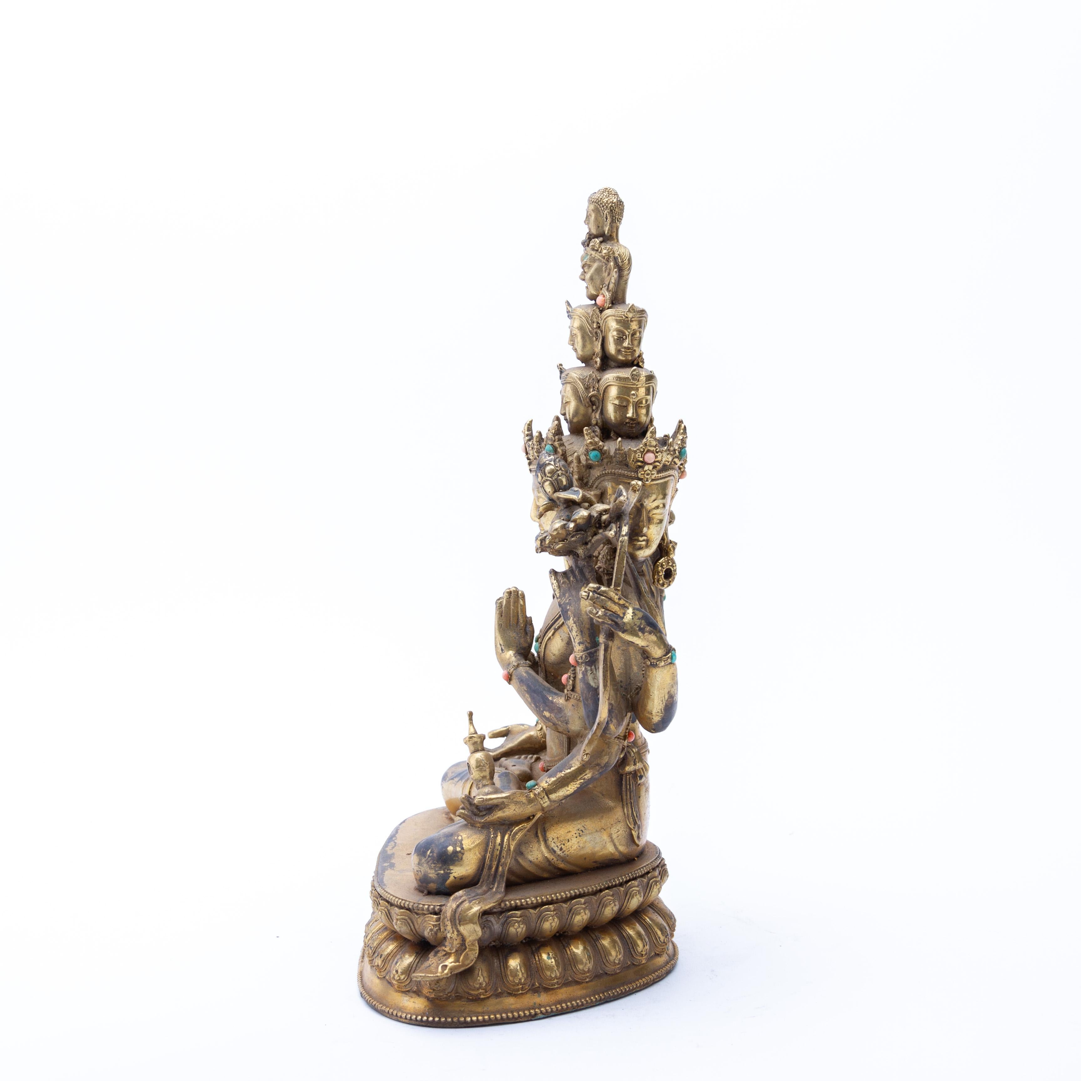19th Century Tibetan Gilt Bronze Hindu Buddhist Sculpture of Guanyin Bodhisattva Late 19th C For Sale