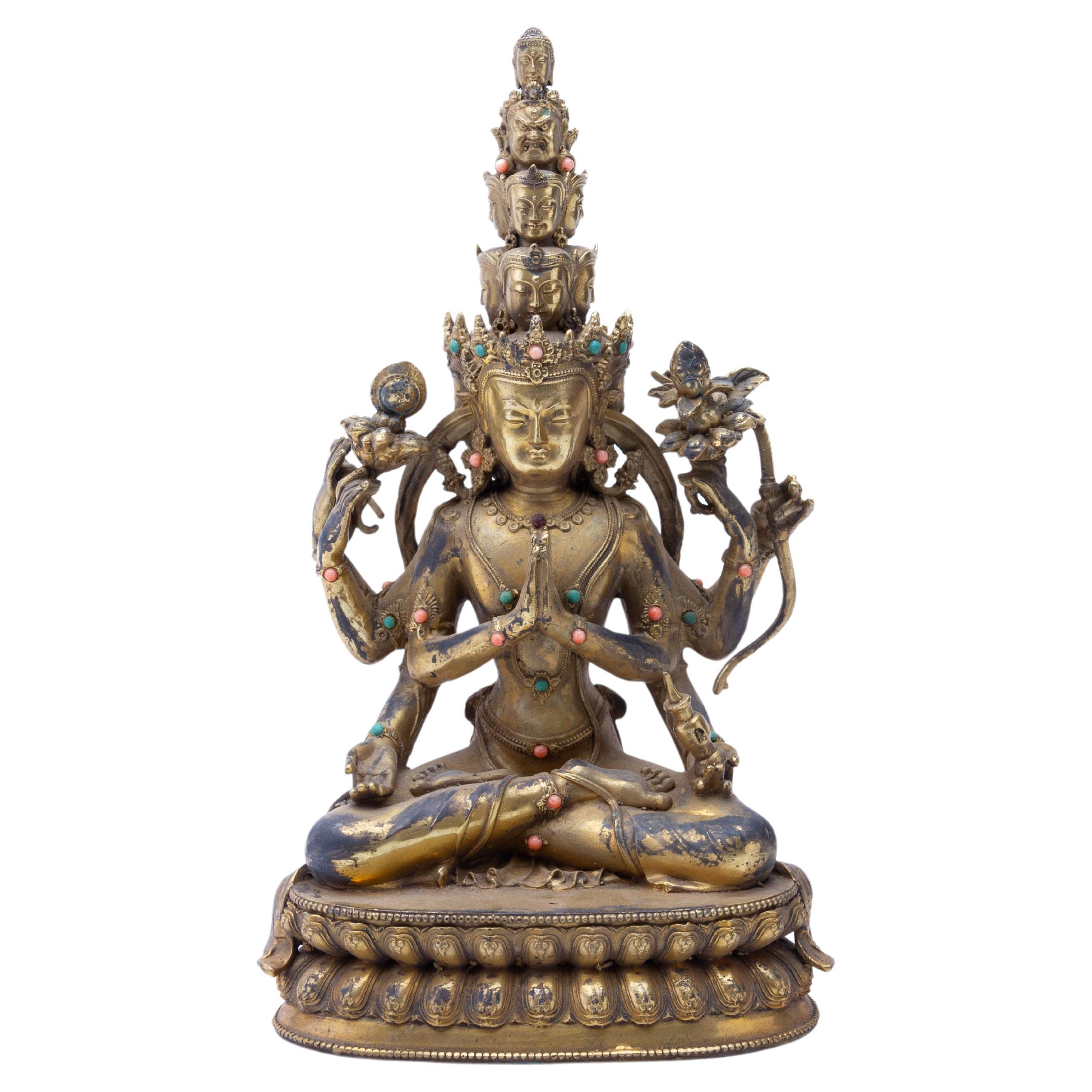 Tibetan Gilt Bronze Hindu Buddhist Sculpture of Guanyin Bodhisattva Late 19th C For Sale