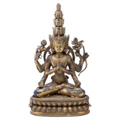 Antique Tibetan Gilt Bronze Hindu Buddhist Sculpture of Guanyin Bodhisattva Late 19th C