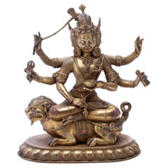 Tibetan Gilt Bronze Hindu Buddhist Sculpture of Manjushri Riding Lion Late 19th 