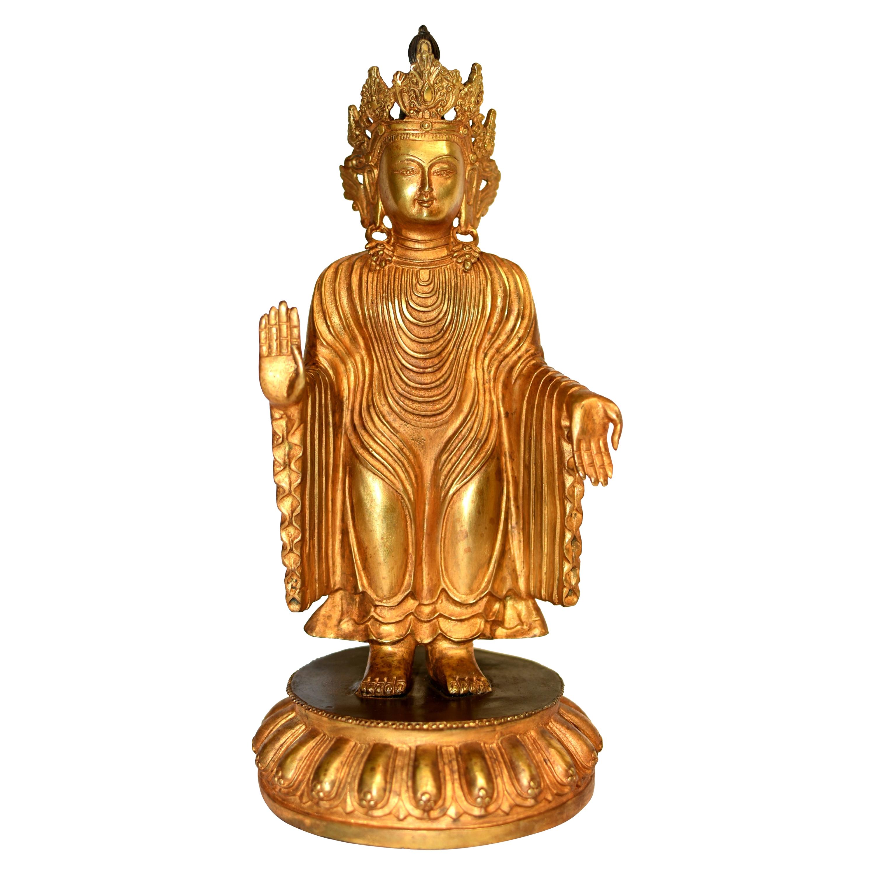 Large Bronze Tibetan Standing Buddha Sculpture with Halo Patinated at
