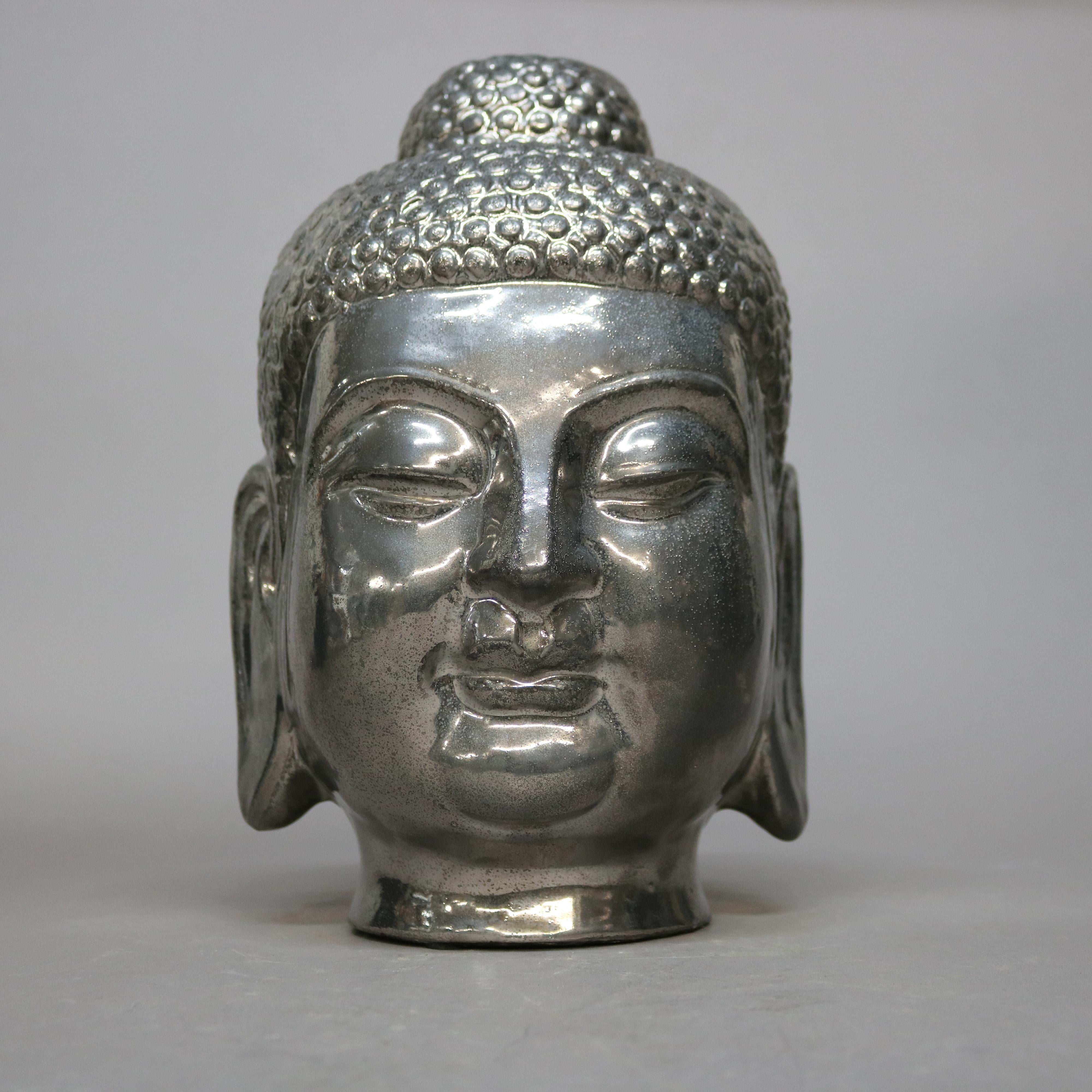 Sculpture de tête de Bouddha en céramique argentée dorée tibétaine, 20e siècle Bon état - En vente à Big Flats, NY