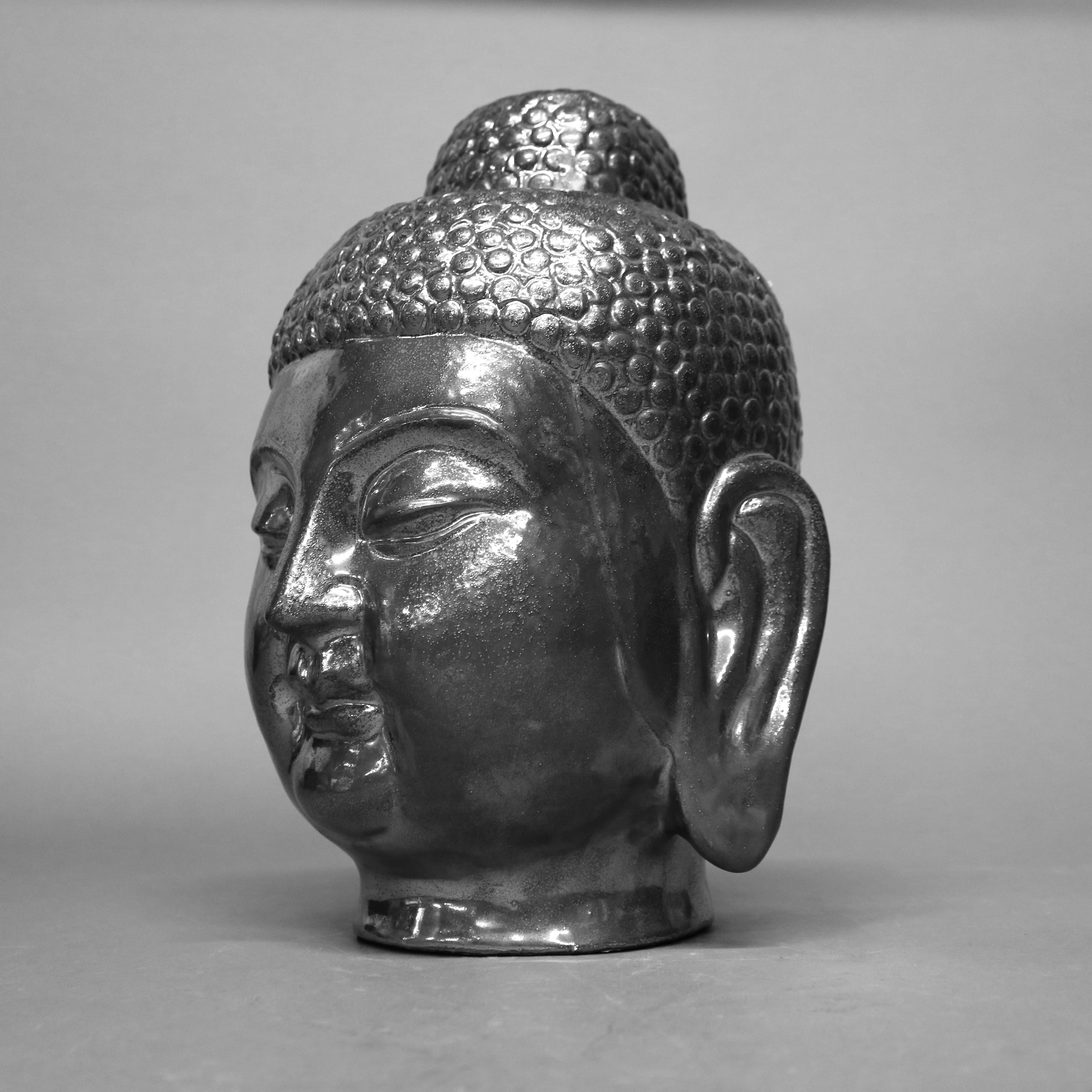 Tibetan Gilt Silver Ceramic Buddha Head Sculpture 20th C For Sale 1