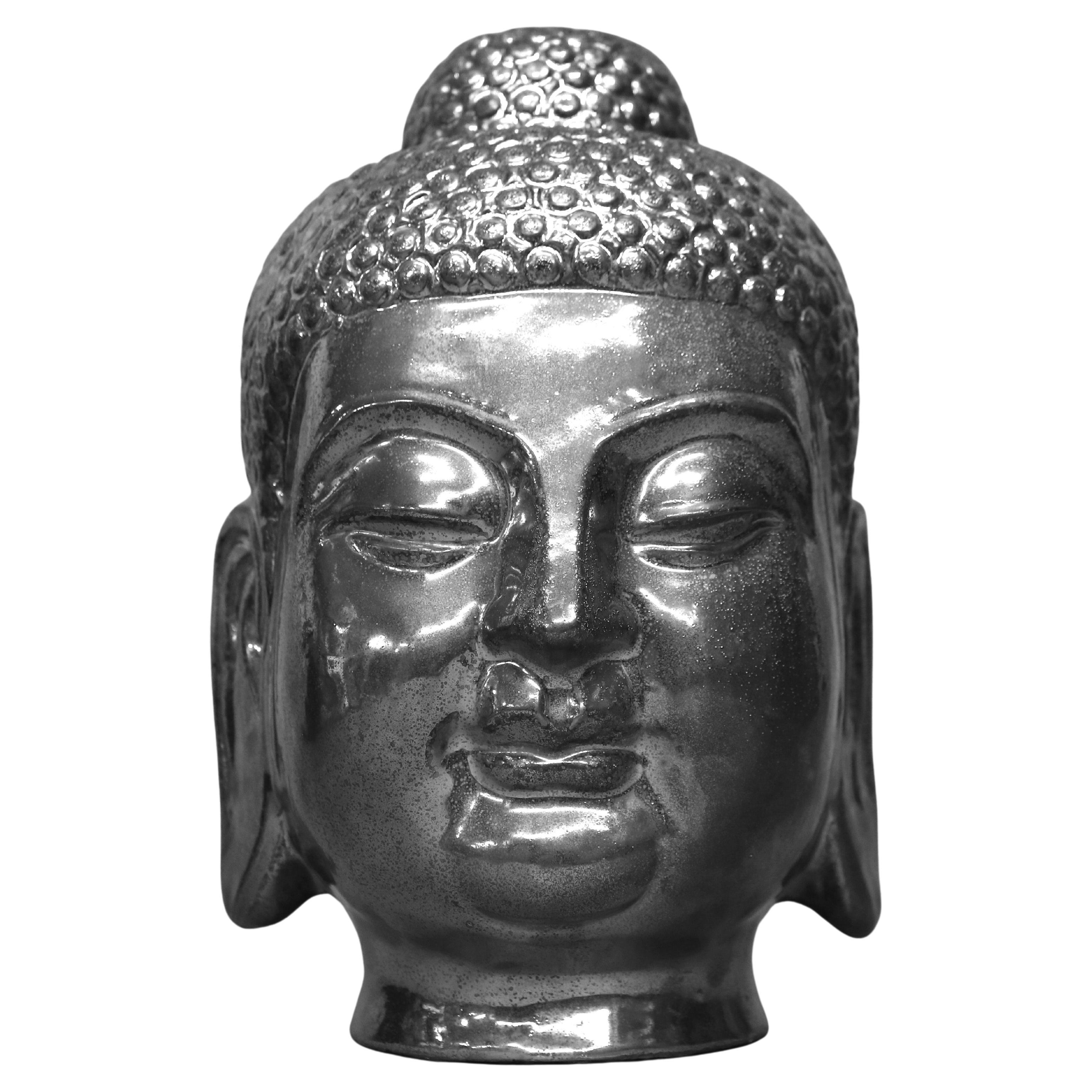 Sculpture de tête de Bouddha en céramique argentée dorée tibétaine, 20e siècle