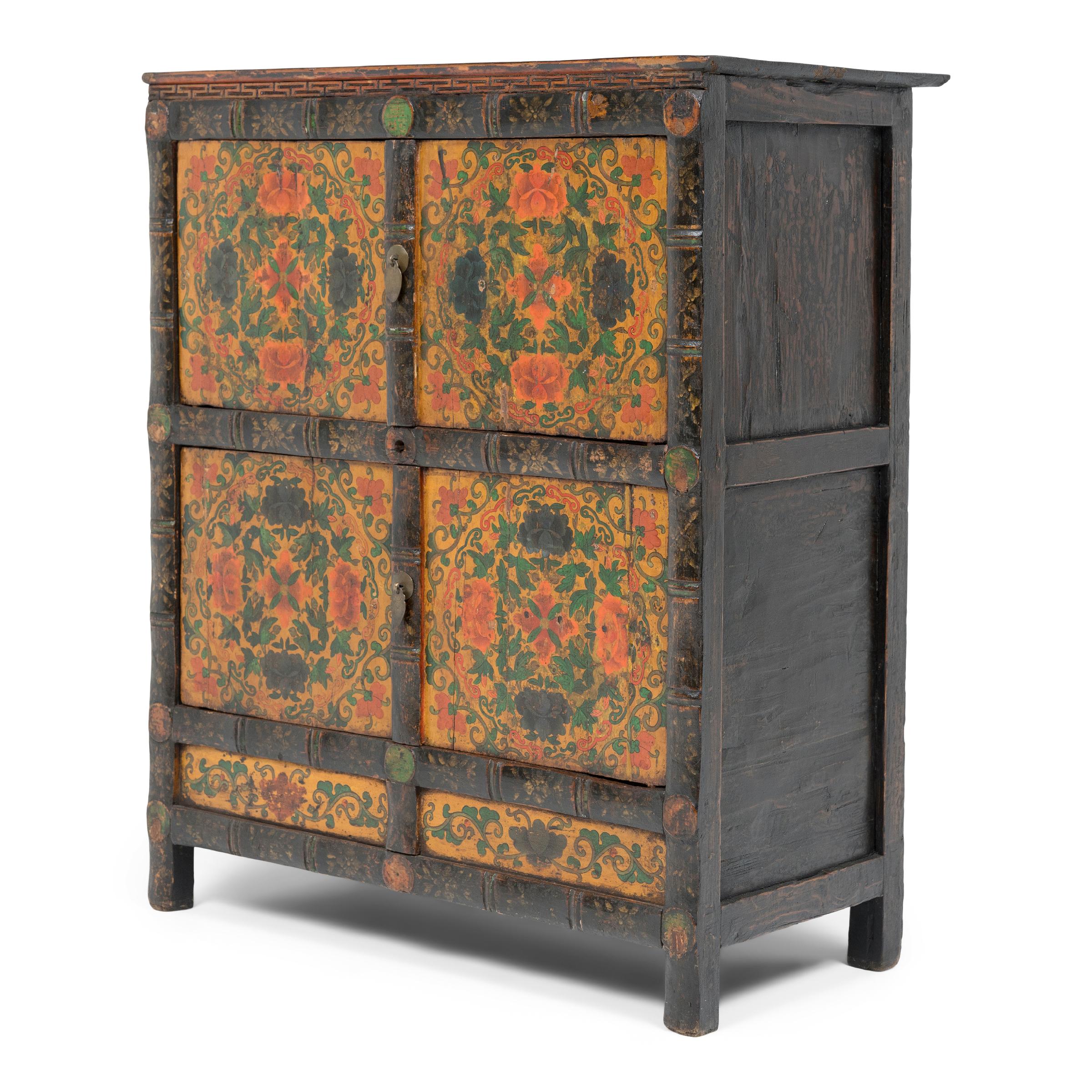 Tibetan Golden Peony Cabinet, c. 1850 In Good Condition For Sale In Chicago, IL