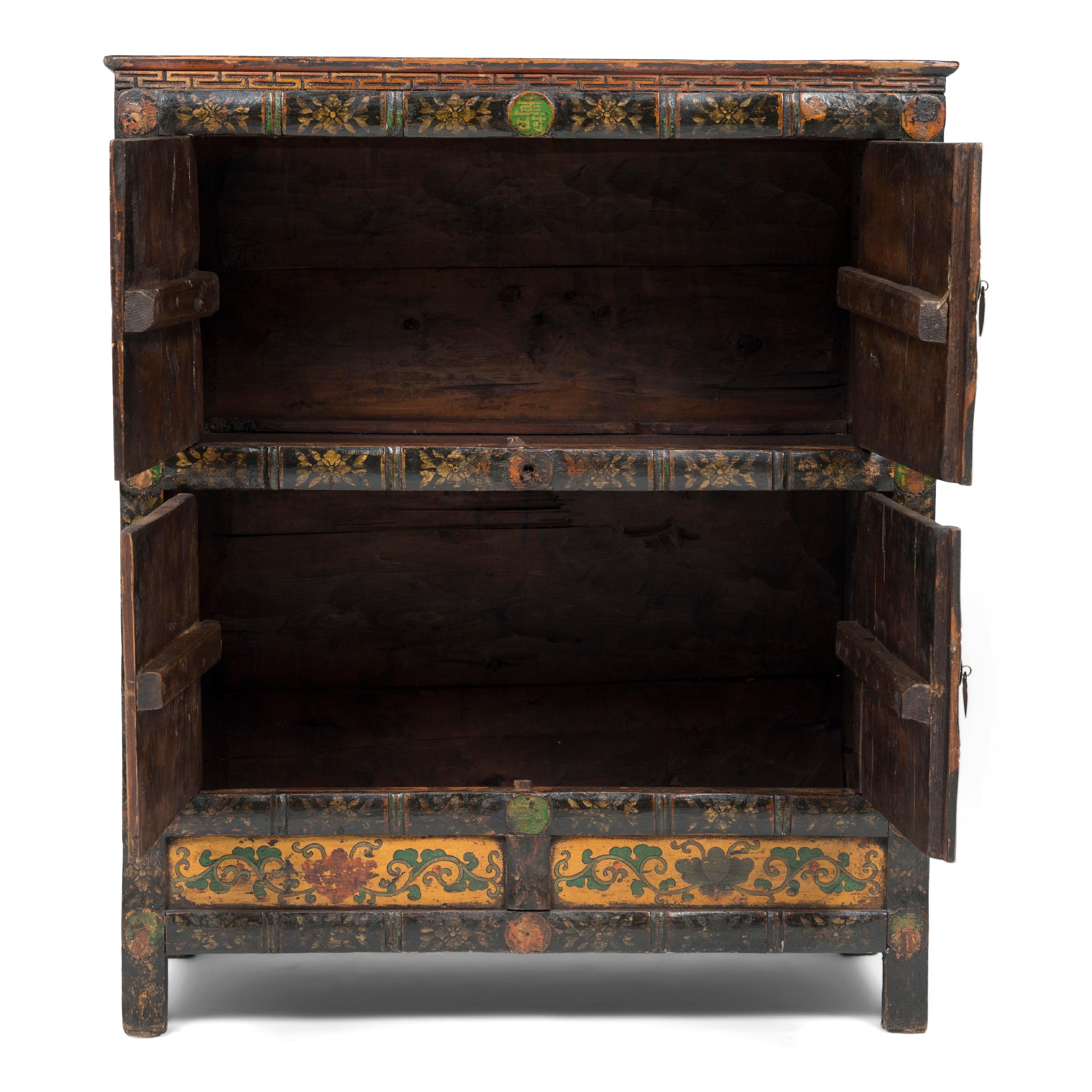 Wood Tibetan Golden Peony Cabinet, c. 1850 For Sale