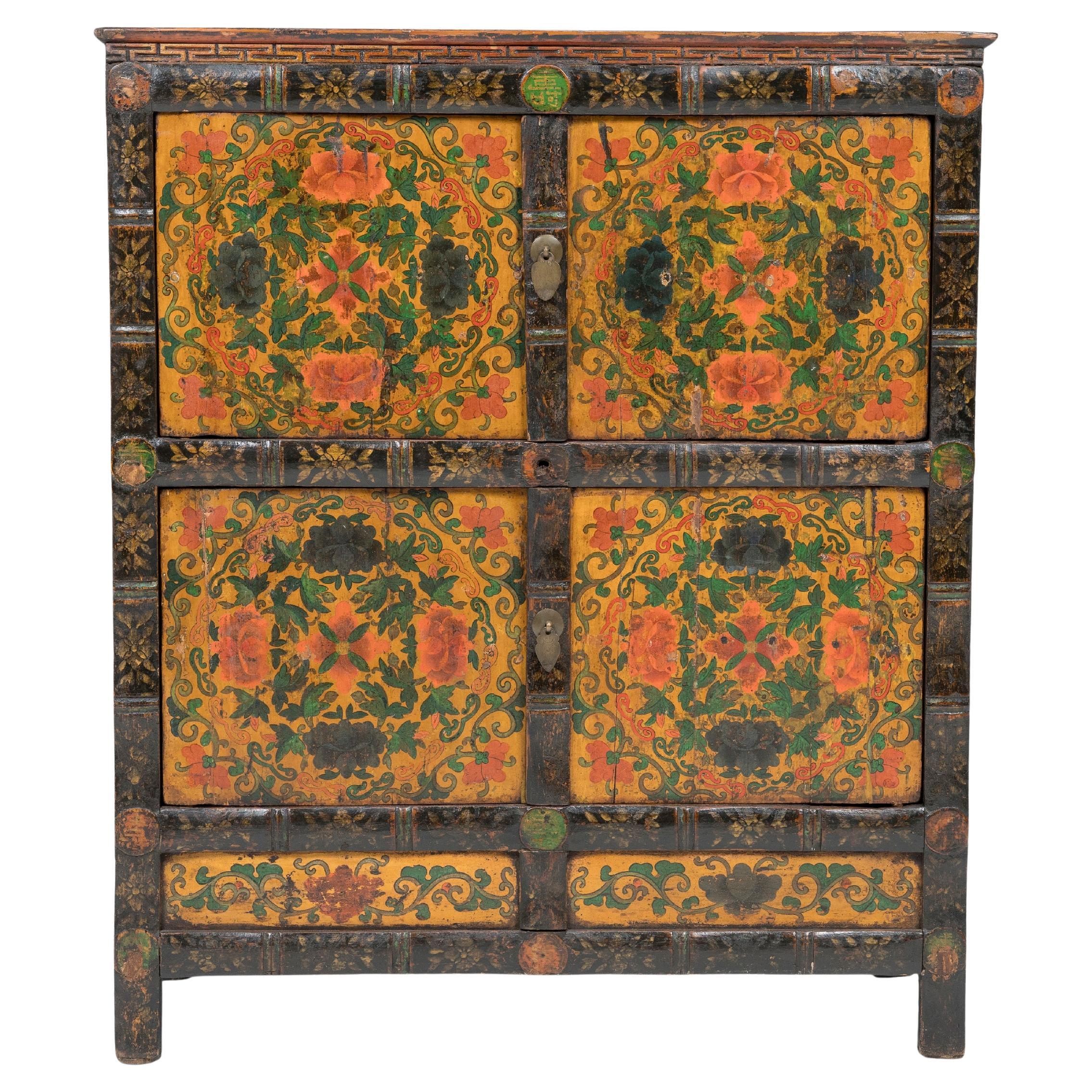 Tibetan Golden Peony Cabinet, c. 1850 For Sale
