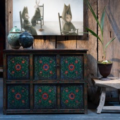 Tibetan Green & Red Poppy Cabinet, c. 1850