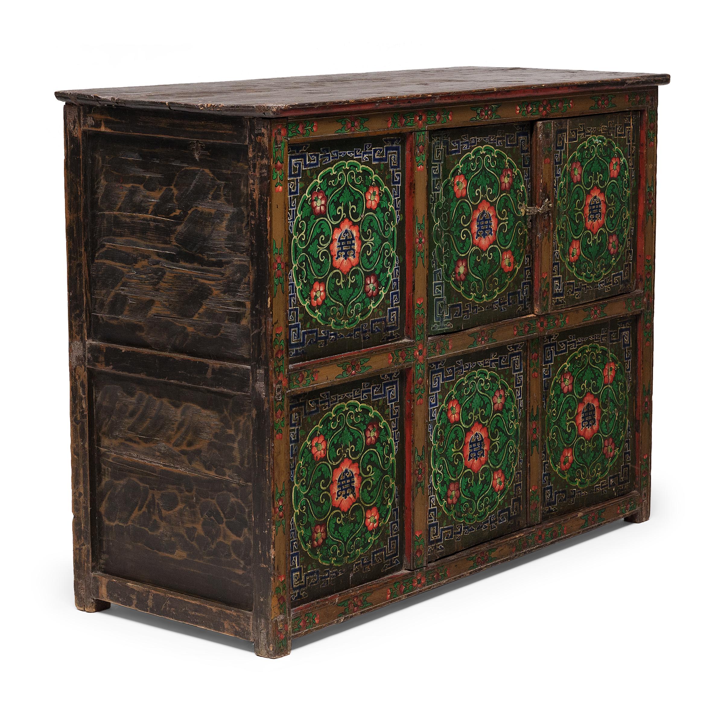 Lacquered Tibetan Green & Red Poppy Cabinet, c. 1850 For Sale