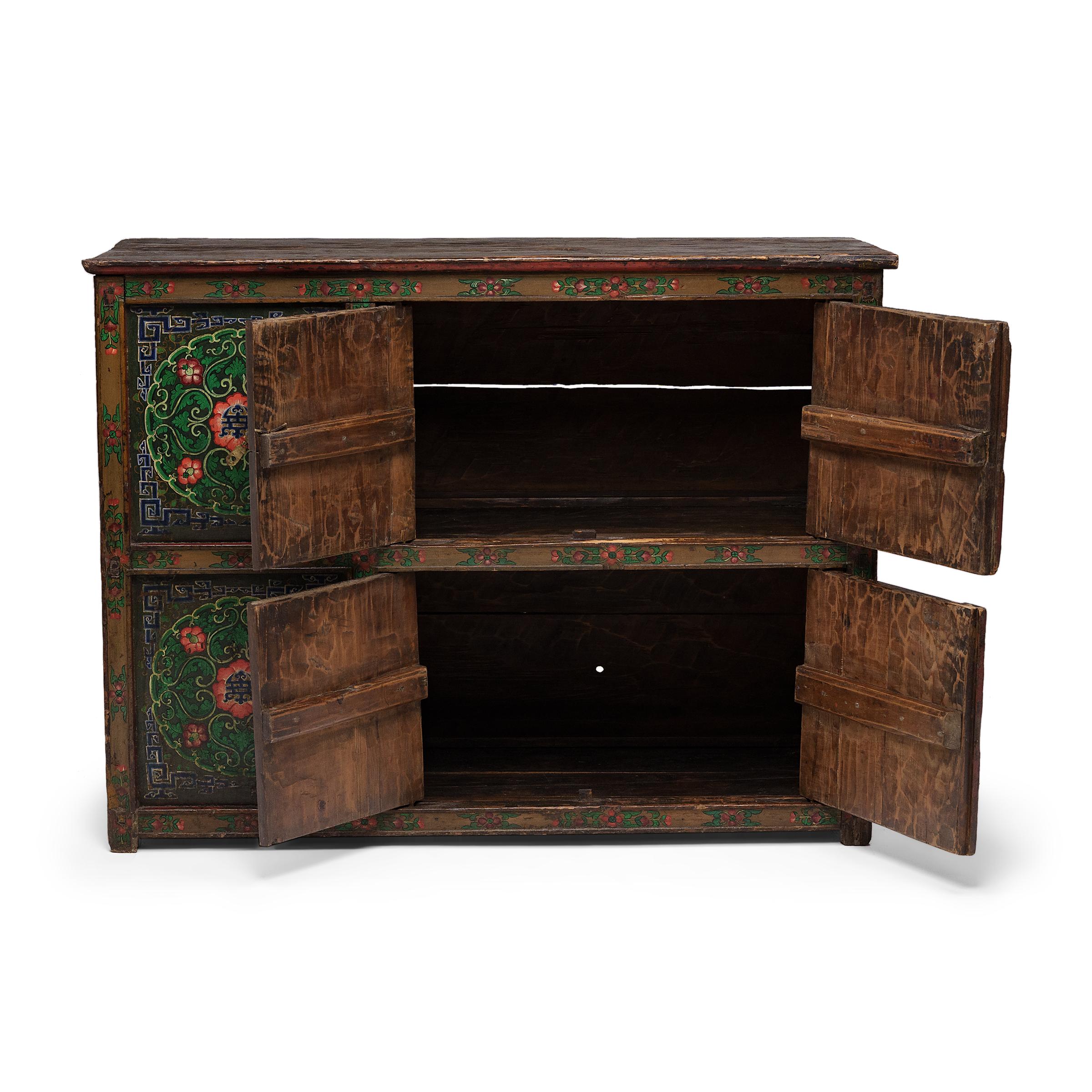 19th Century Tibetan Green & Red Poppy Cabinet, c. 1850 For Sale