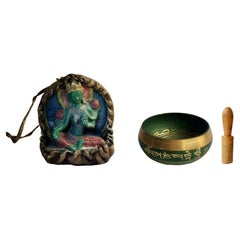 Vintage Tibetan Green Tara Amulet and Singing Bowl
