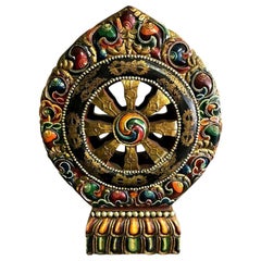 Tibetan Hand Carved and Painted Large Wood Temple Shrine Dharma Wheel