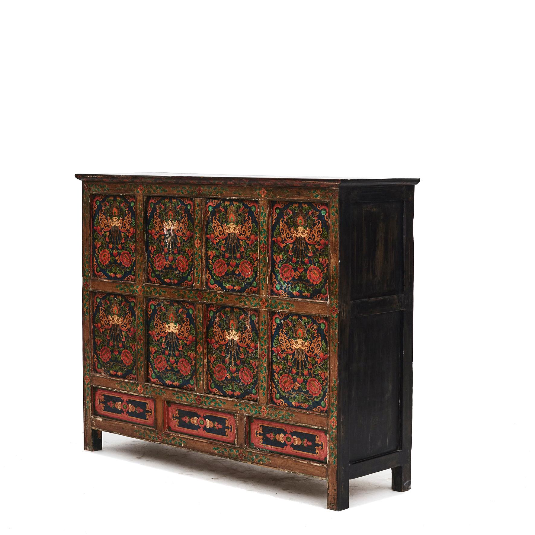 Wood Antique Tibetan Hand Painted Alter Cabinet