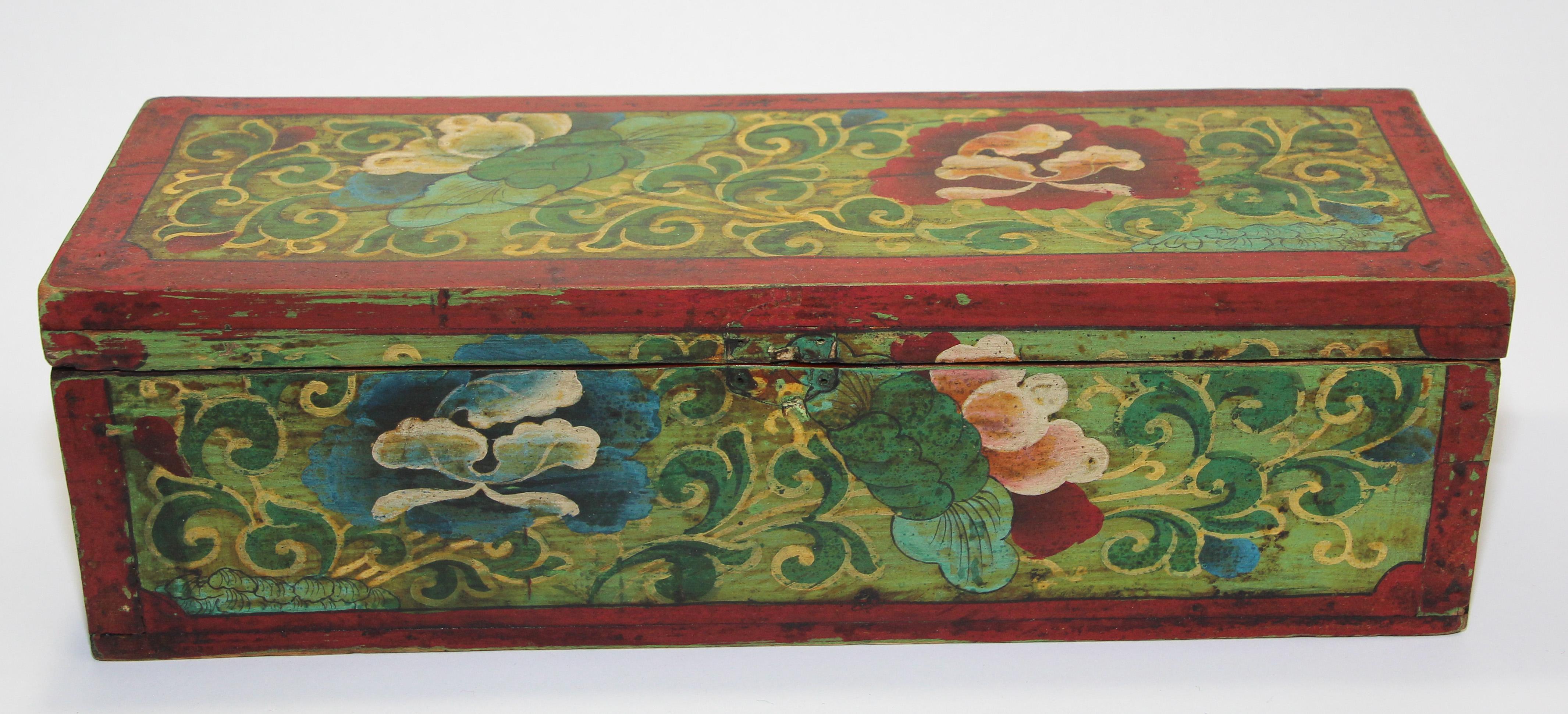 Wood Tibetan Hand Painted Decorative Box with Floral Designs