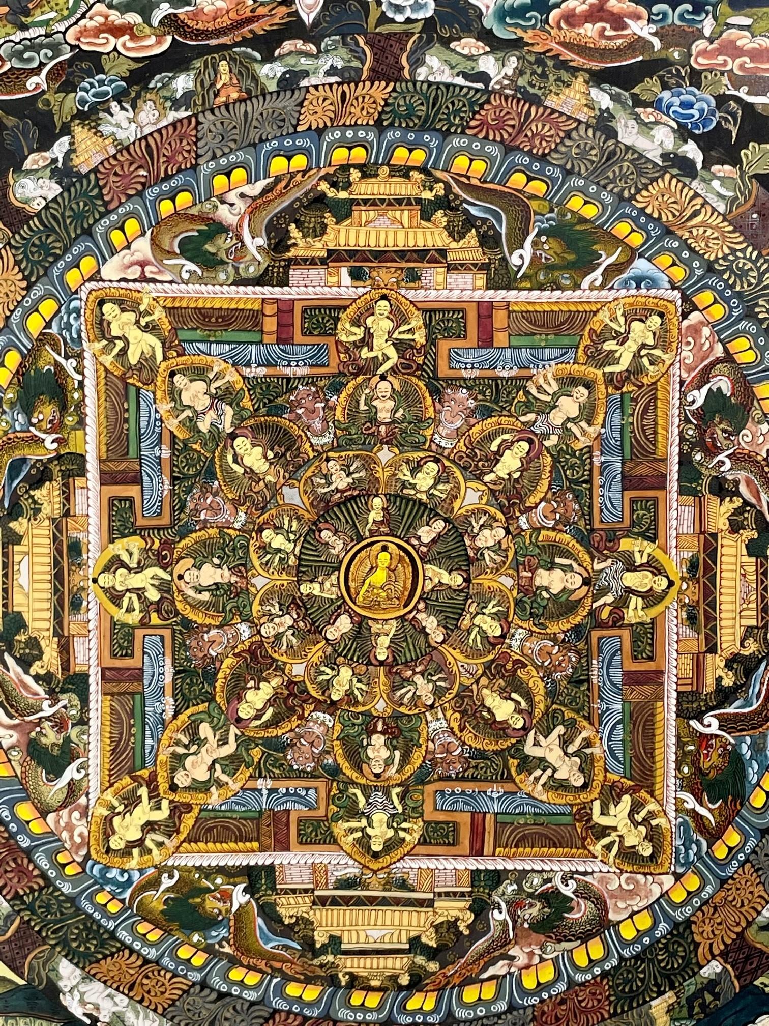 Tibetan Hand Painted Mandala Thangka Painting with 24K Gold.

Amazing, fine and detailed Mandala hand painted by a master artist with pigment ground polychrome colors and 24 K gold on silk linen. Mandala means circle in Sanskrit. It is a spiritual