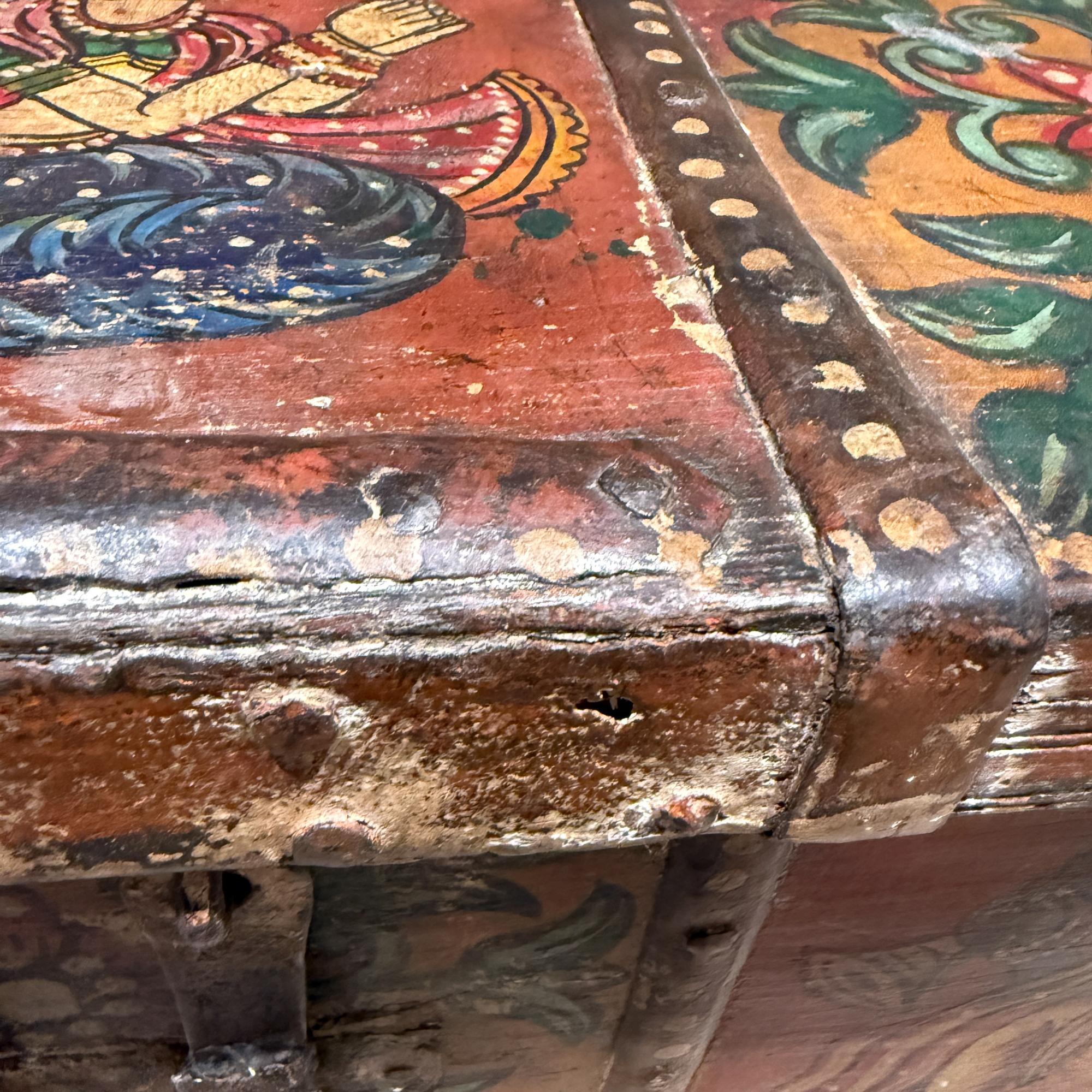 Tibetan Hand Painted Wood Rectangular Monastery Wedding Traveling Chest For Sale 3