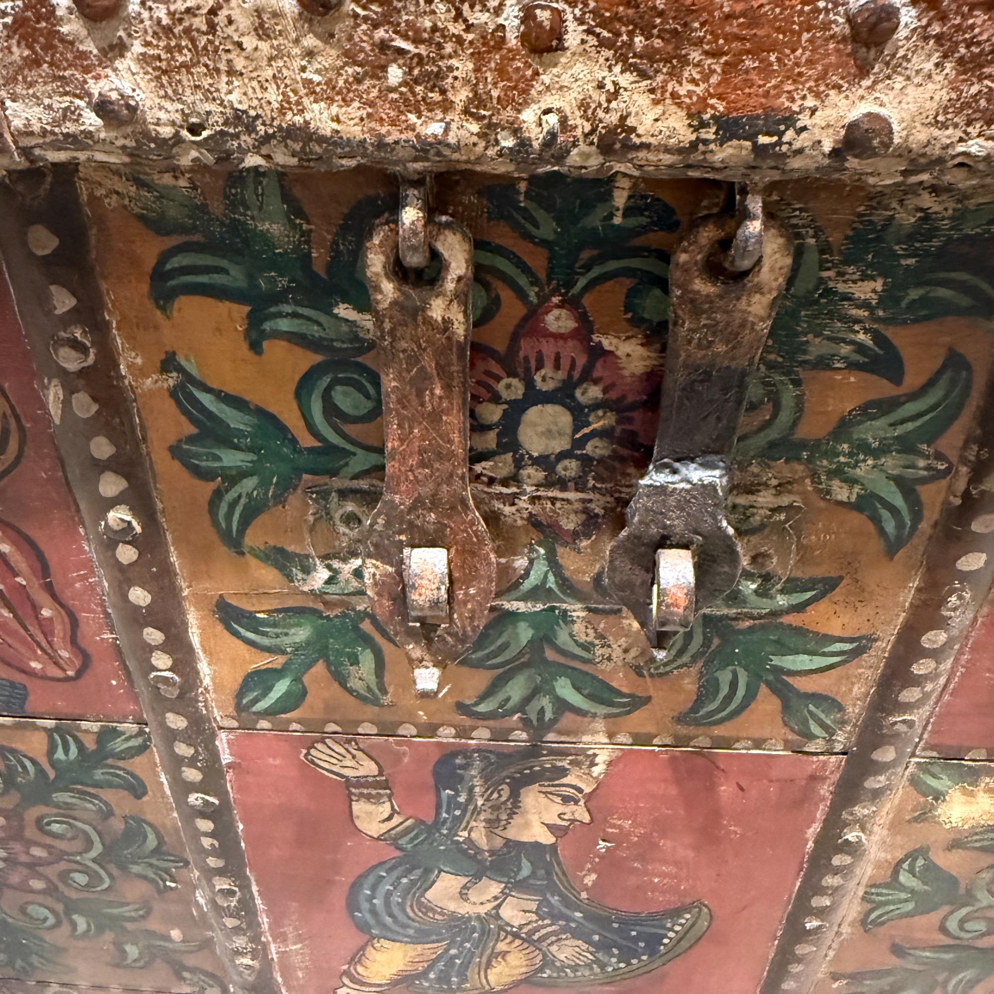 Tibetan Hand Painted Wood Rectangular Monastery Wedding Traveling Chest For Sale 4