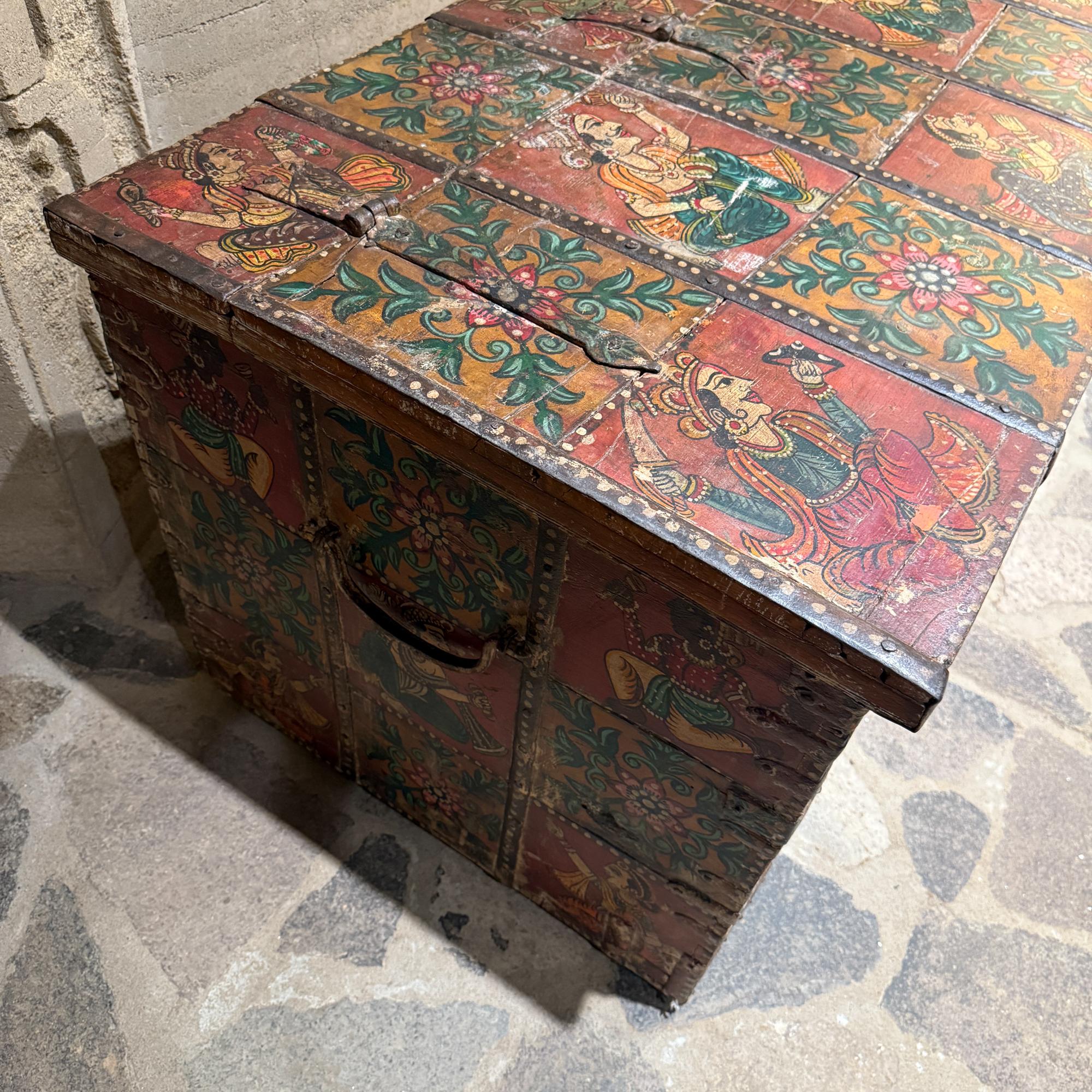 Tibetan Hand Painted Wood Rectangular Monastery Wedding Traveling Chest For Sale 10