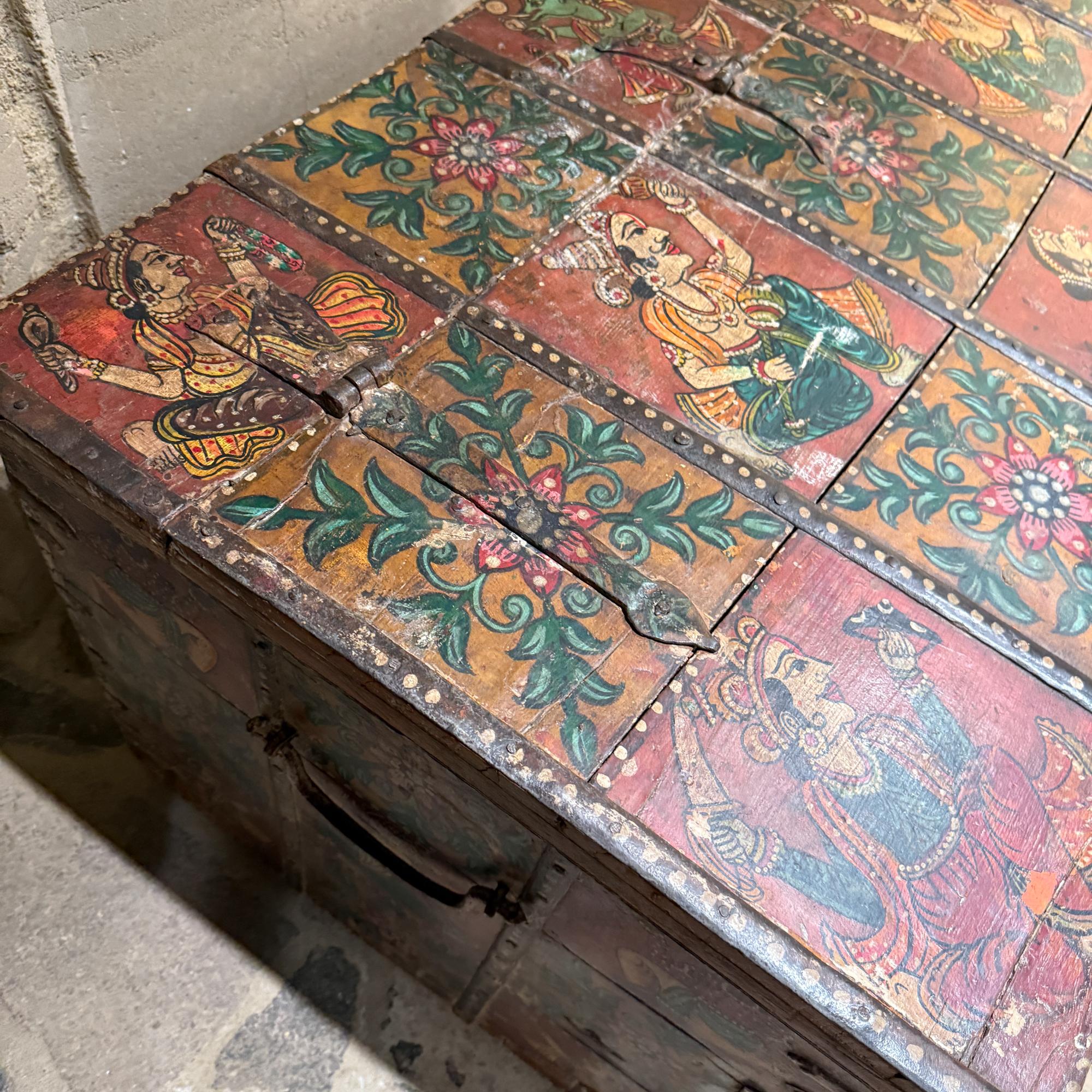 Tibetan Hand Painted Wood Rectangular Monastery Wedding Traveling Chest For Sale 11