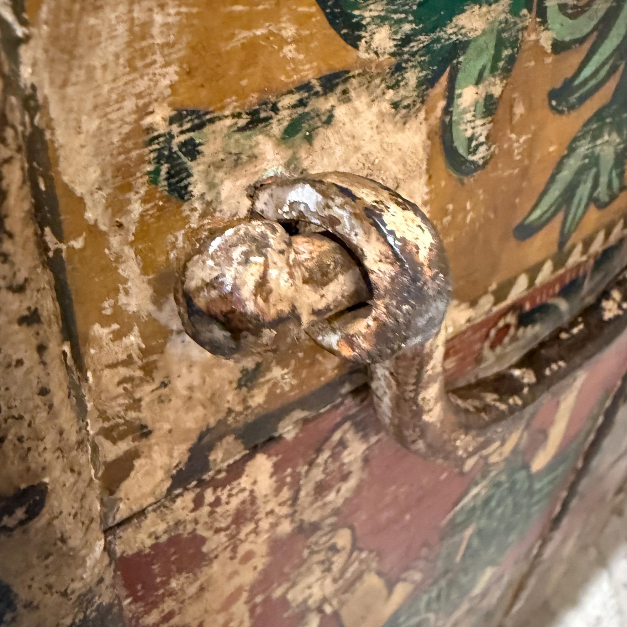 Early 20th Century Tibetan Hand Painted Wood Rectangular Monastery Wedding Traveling Chest For Sale