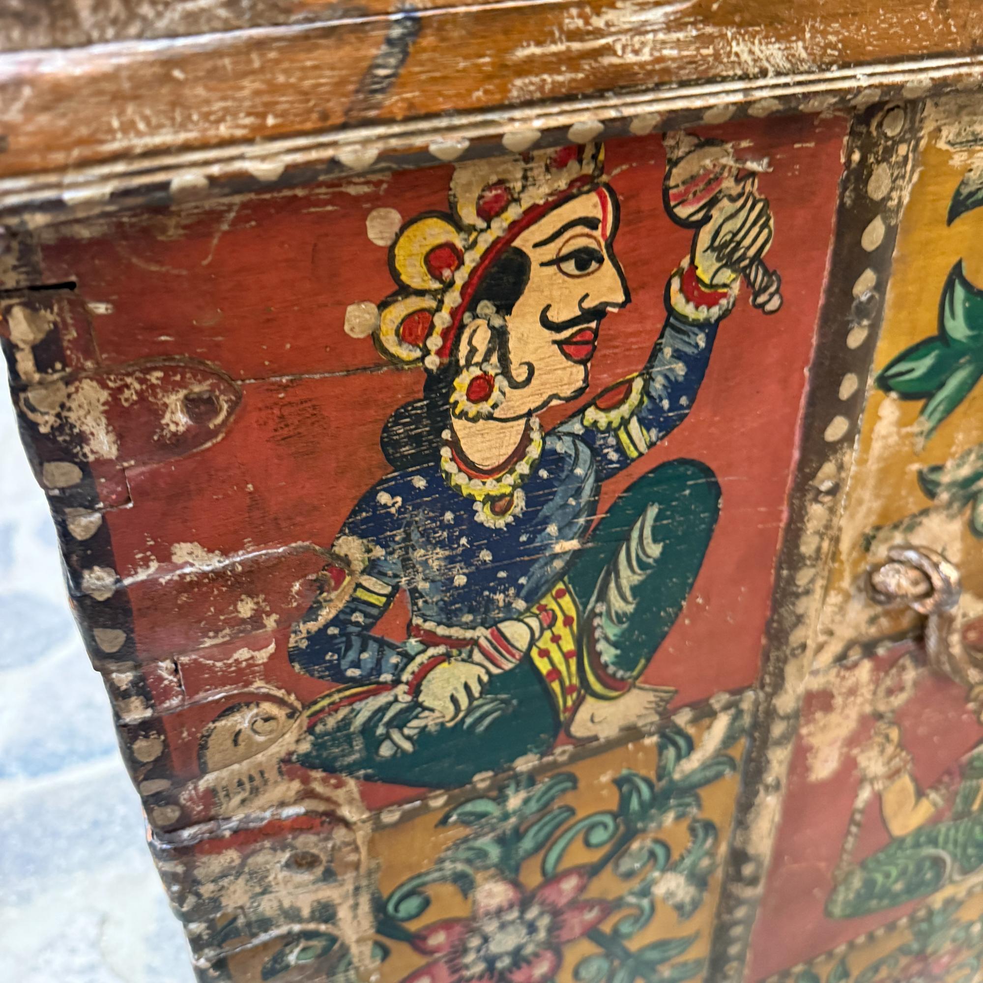Wrought Iron Tibetan Hand Painted Wood Rectangular Monastery Wedding Traveling Chest For Sale