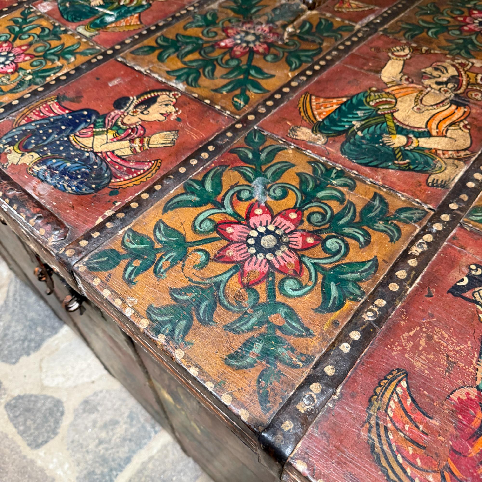 Tibetan Hand Painted Wood Rectangular Monastery Wedding Traveling Chest For Sale 1