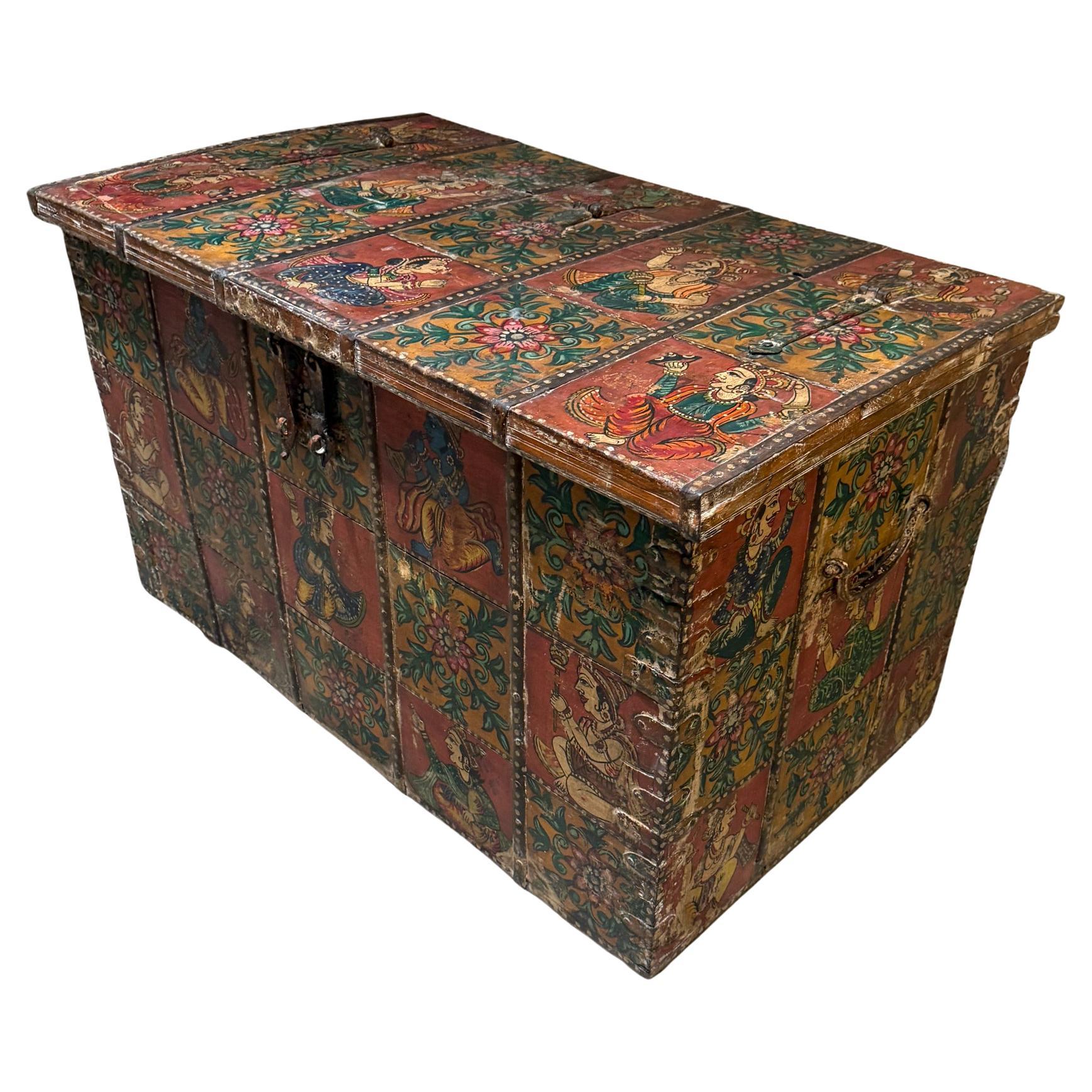 Tibetan Hand Painted Wood Rectangular Monastery Wedding Traveling Chest For Sale