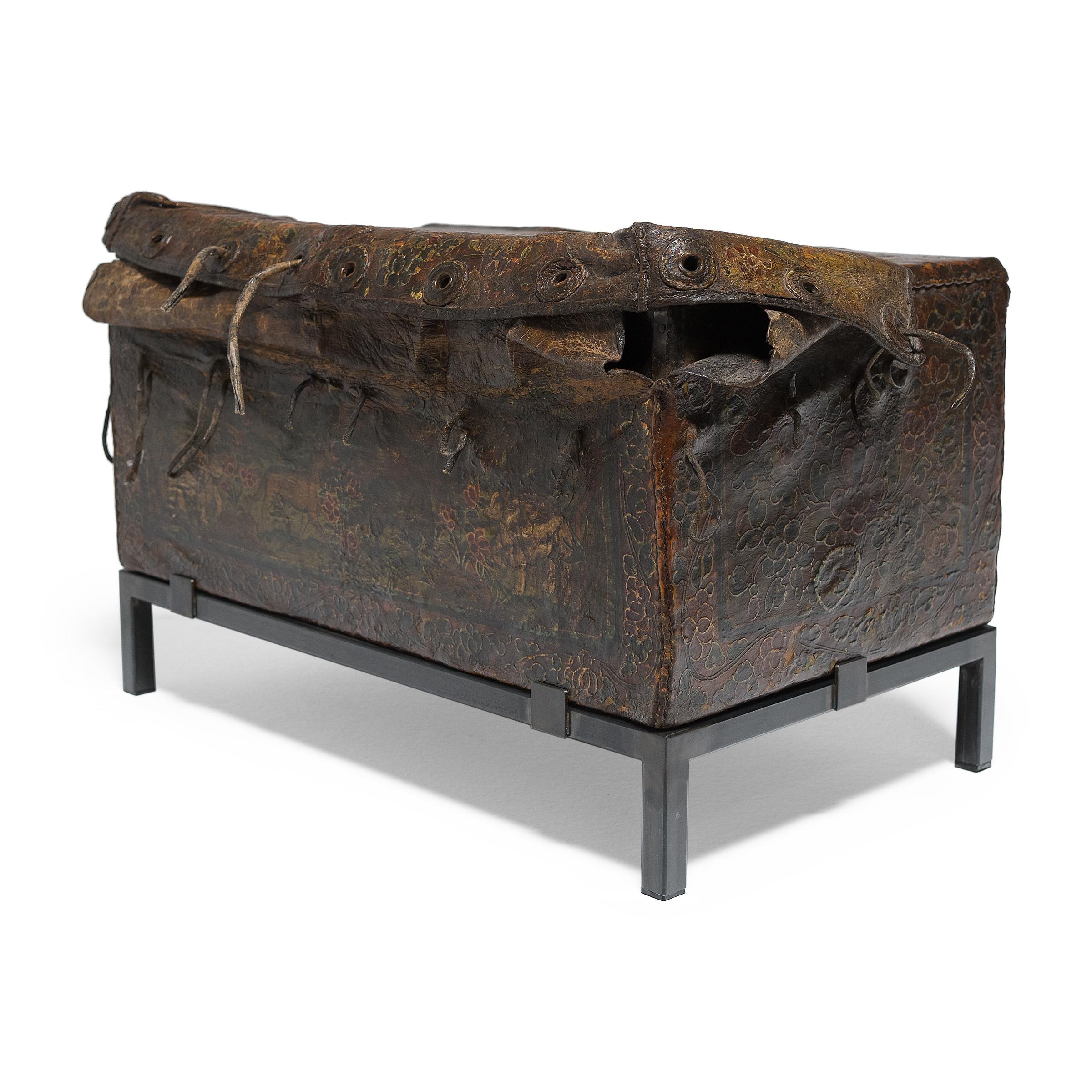19th Century Tibetan Traveler's Trunk with Painted Hide, c. 1850 For Sale