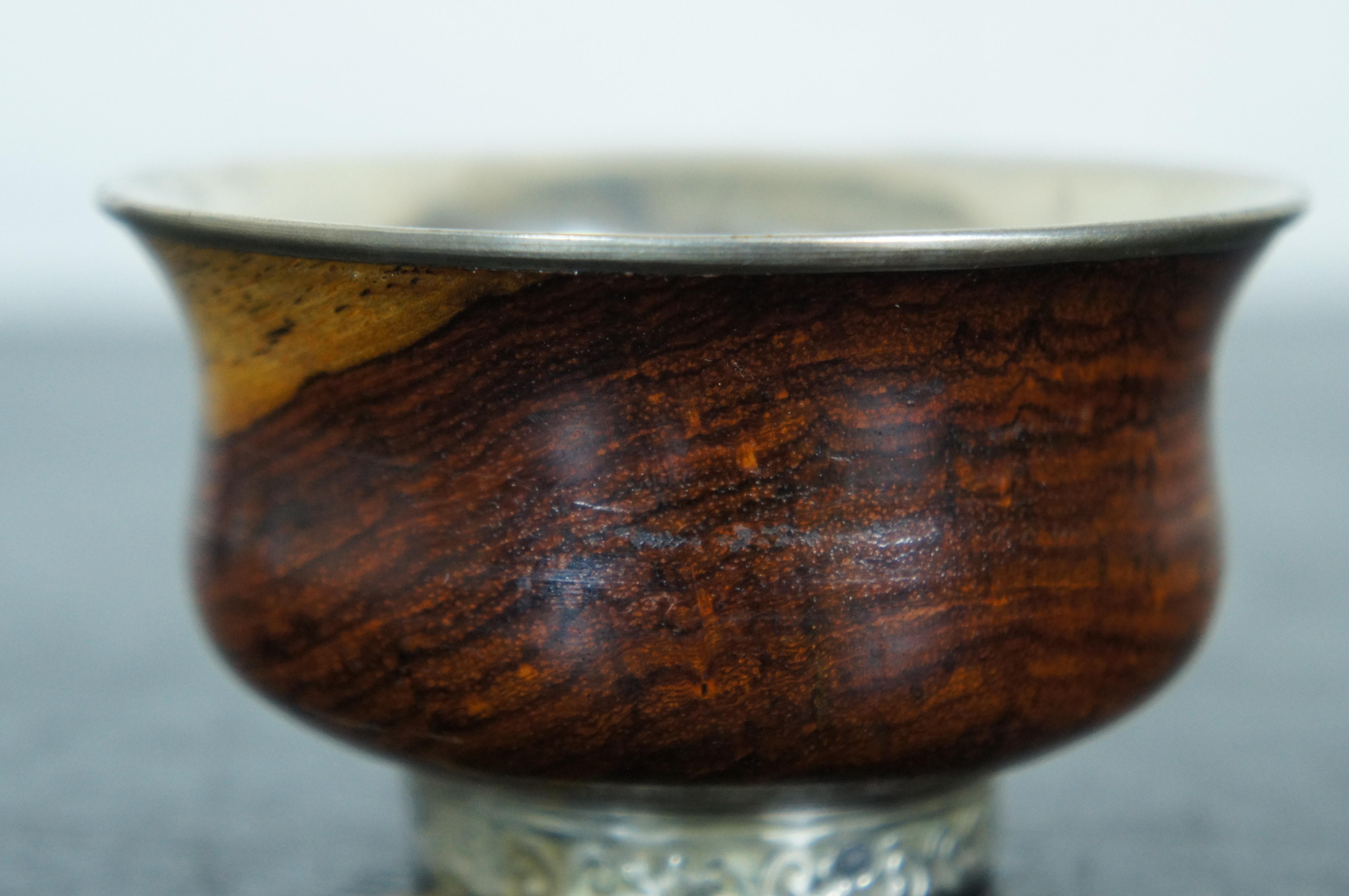 Tibetan Himalayan Wood & Silver Lined Libation Bowl Tea Wine Prayer Cup 3.5