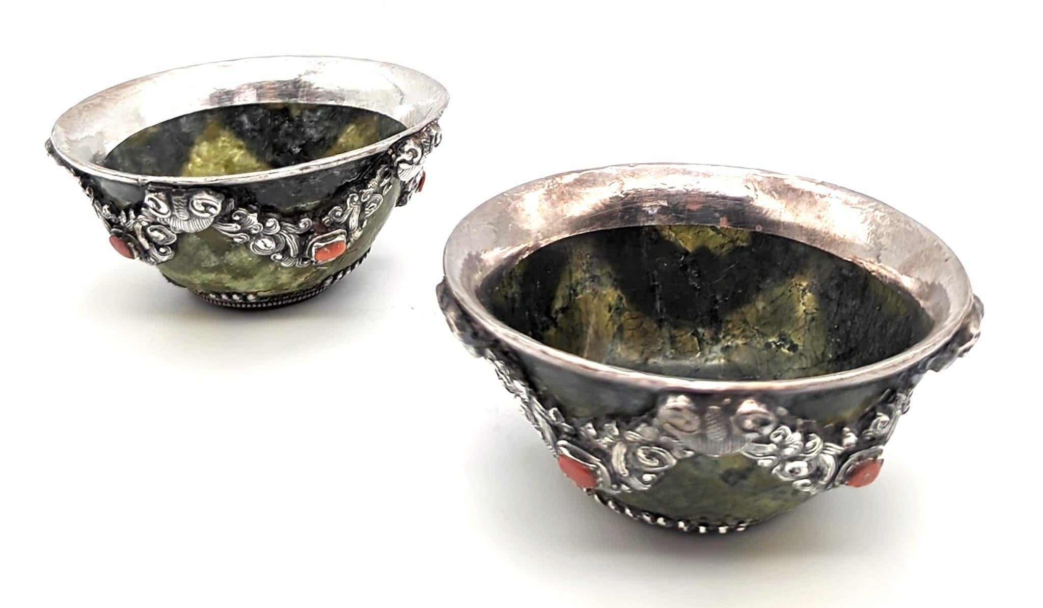 Nepalese Tibetan Jade and Sterling Silver Tea Bowls, a Pair For Sale