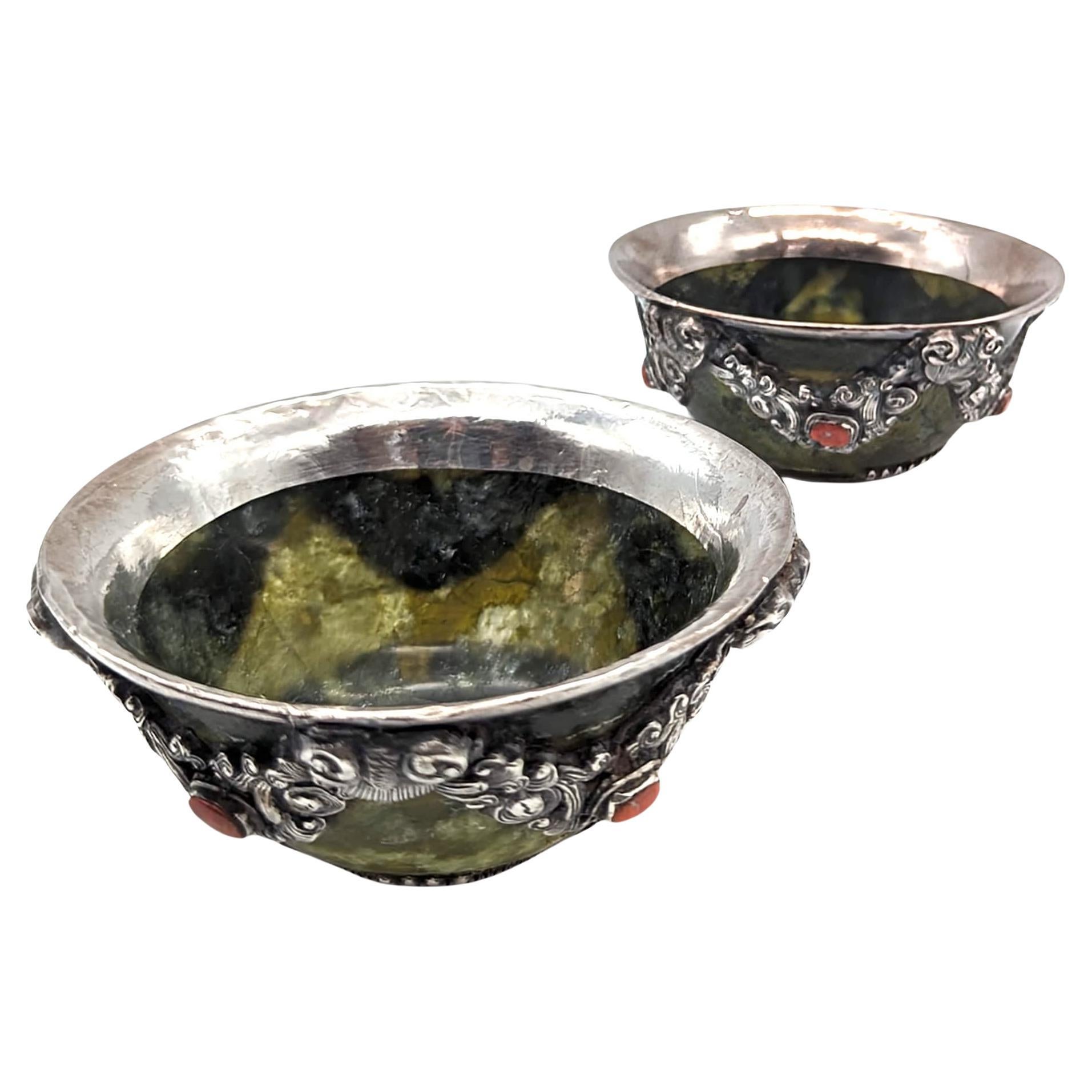 Tibetan Jade and Sterling Silver Tea Bowls, a Pair For Sale
