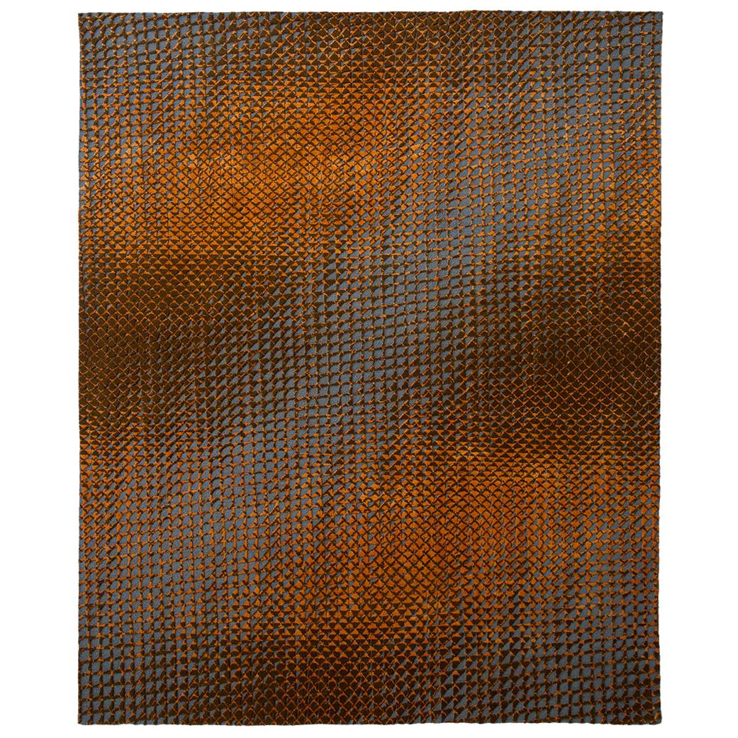 Tibetan Knotted and Sumac Flat-Woven Studio 54 Carpet in gray, orange and brown