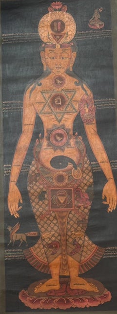 Tibetan Kundalini Thangka, 19th Century Handmade Buddhist Meditation Painting