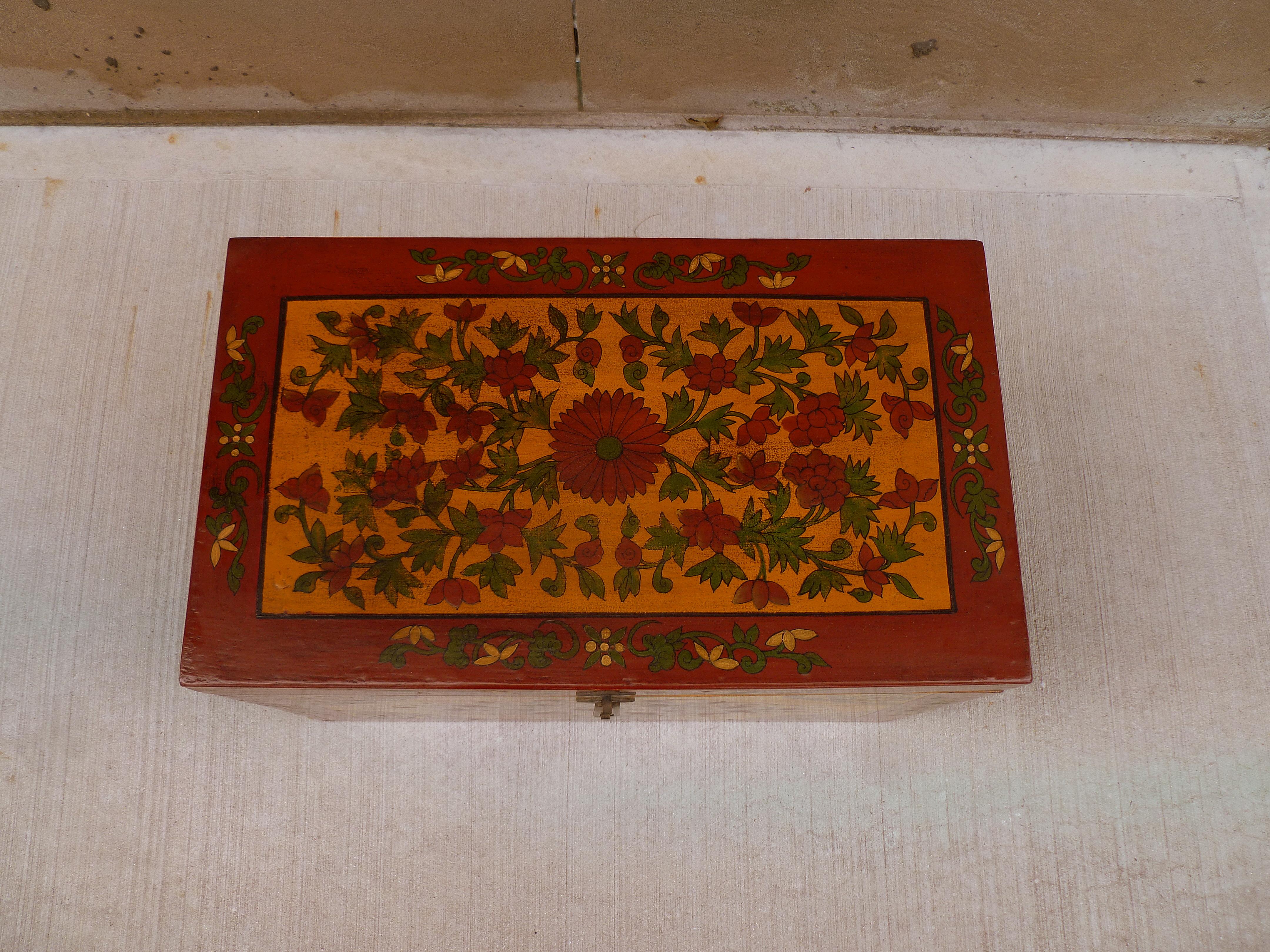Tibetan Large box with Hand Painted Polychrome Floral Motif For Sale 4
