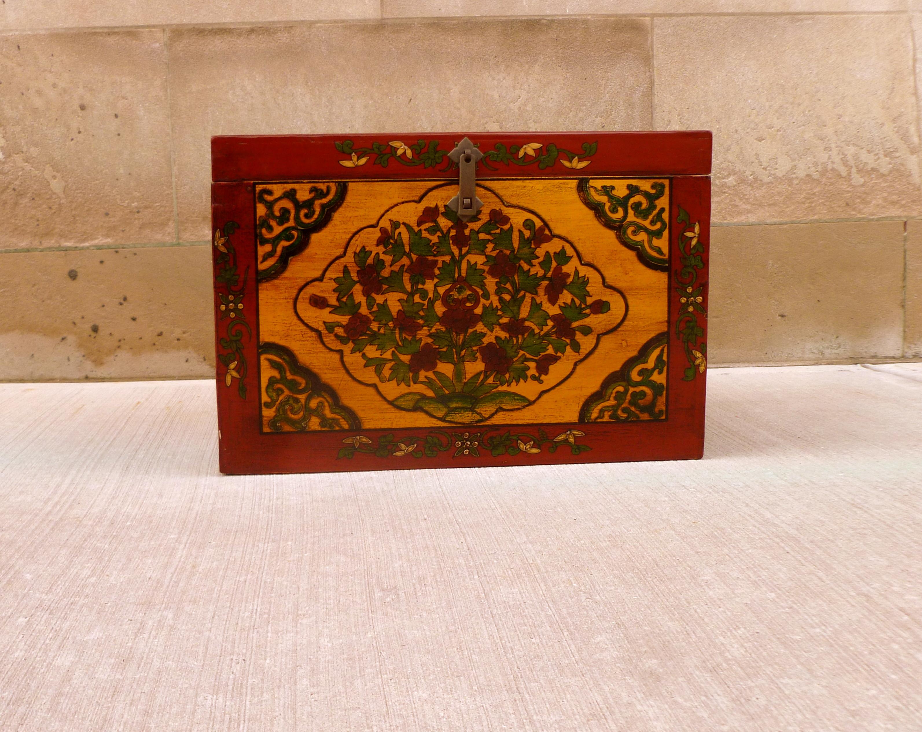 Wood Tibetan Large box with Hand Painted Polychrome Floral Motif For Sale