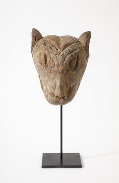 Tibetan late 19th Century Carved Wood Lion Head Sculpture