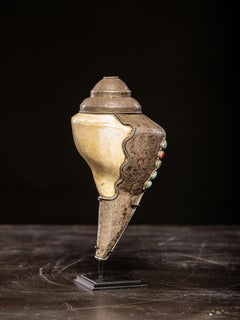 Tibetan Left turn Conch Shell Trumpet with Silver Mounted decorations.