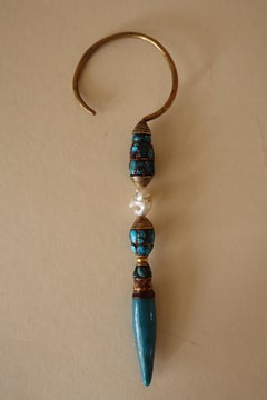 Store closing March 31.  Tibetan Man's Earring Turquoise Pearl Gold Pendant