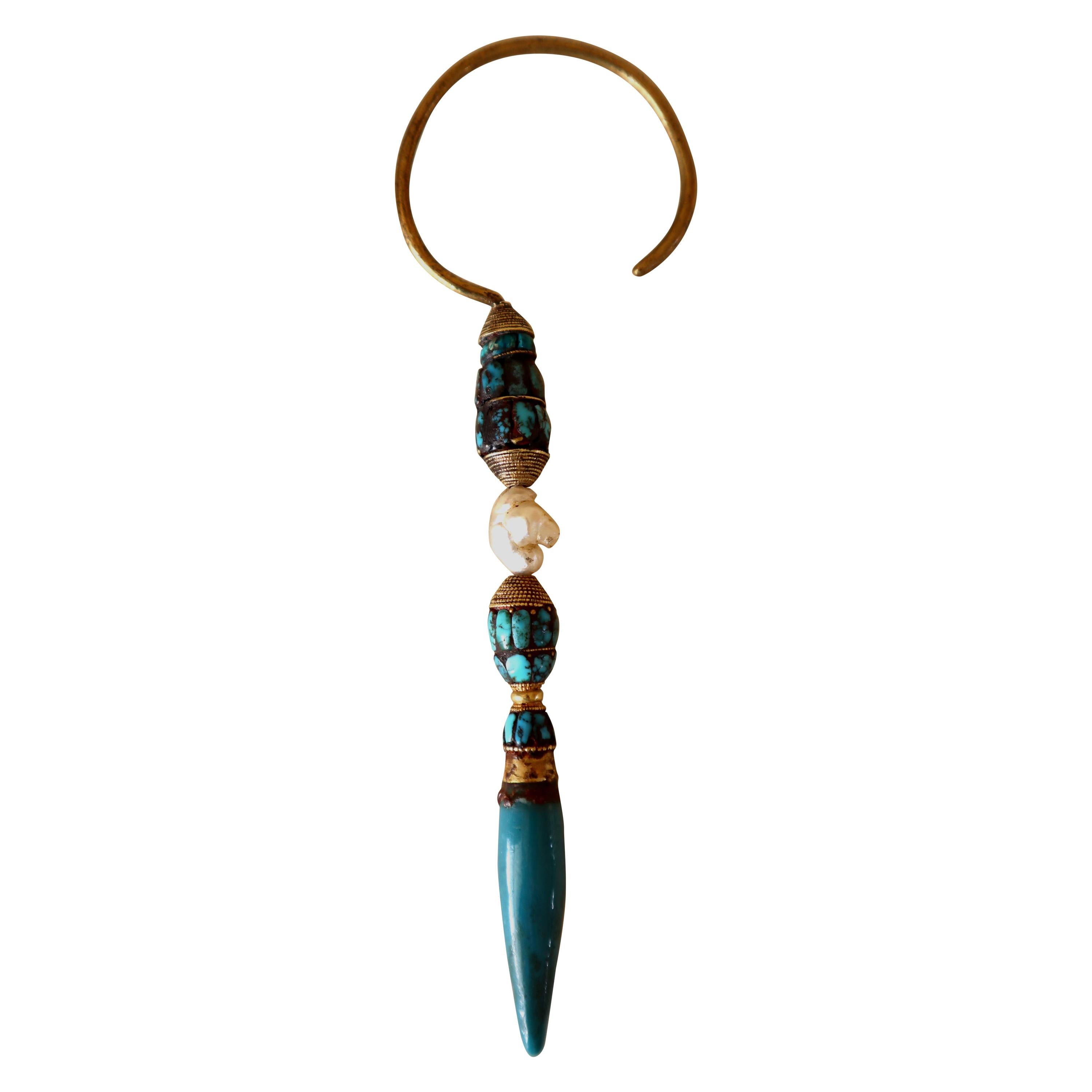 Store closing March 31.  Tibetan Man's Earring Turquoise Pearl Gold Pendant  For Sale