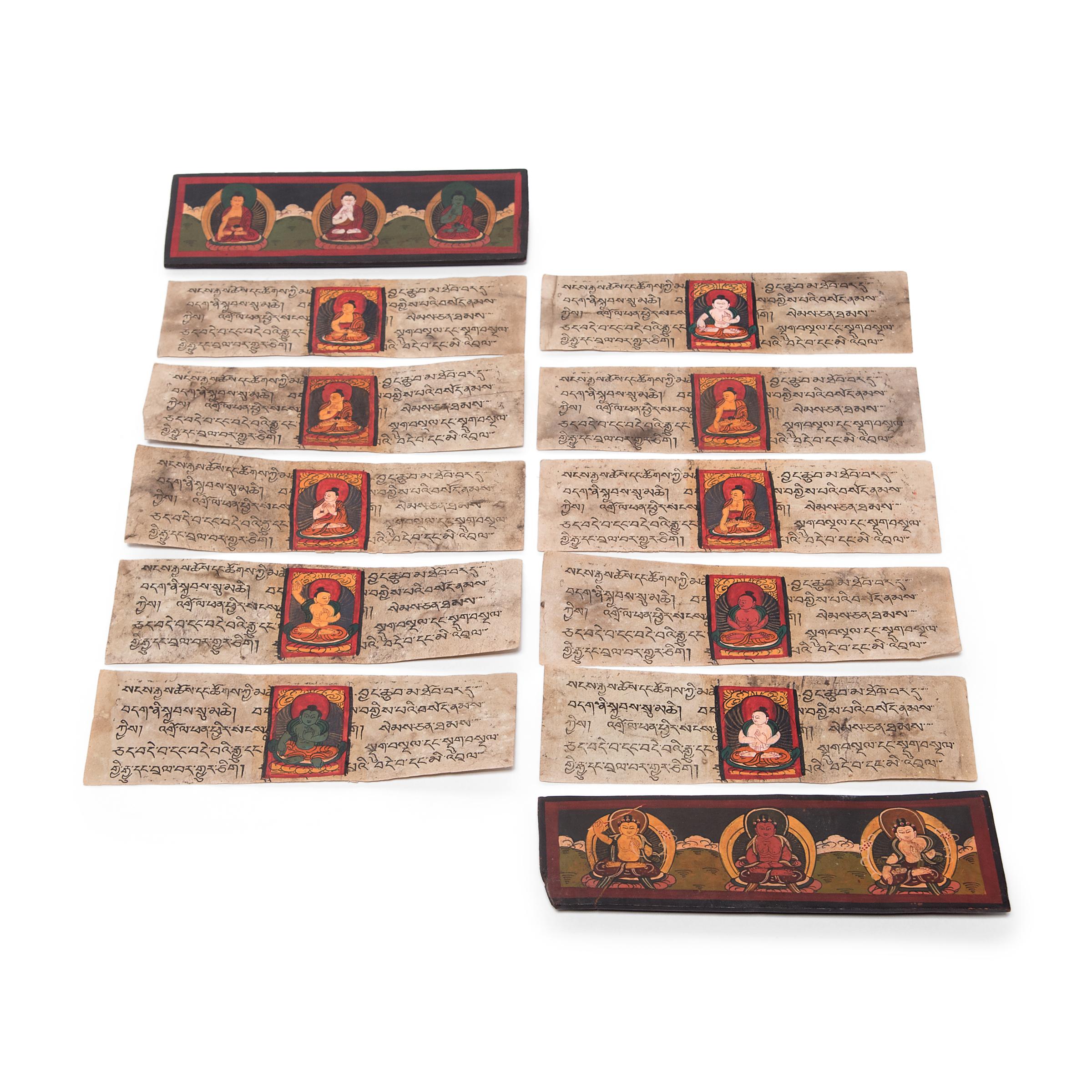 This Tibetan manuscript dates to the early 20th century and is complete with two painted covers and ten two-sided leaves. Containing Buddhist scripture and tales of Buddhist deities and heroes, Tibetan manuscripts are left unbound and protected by