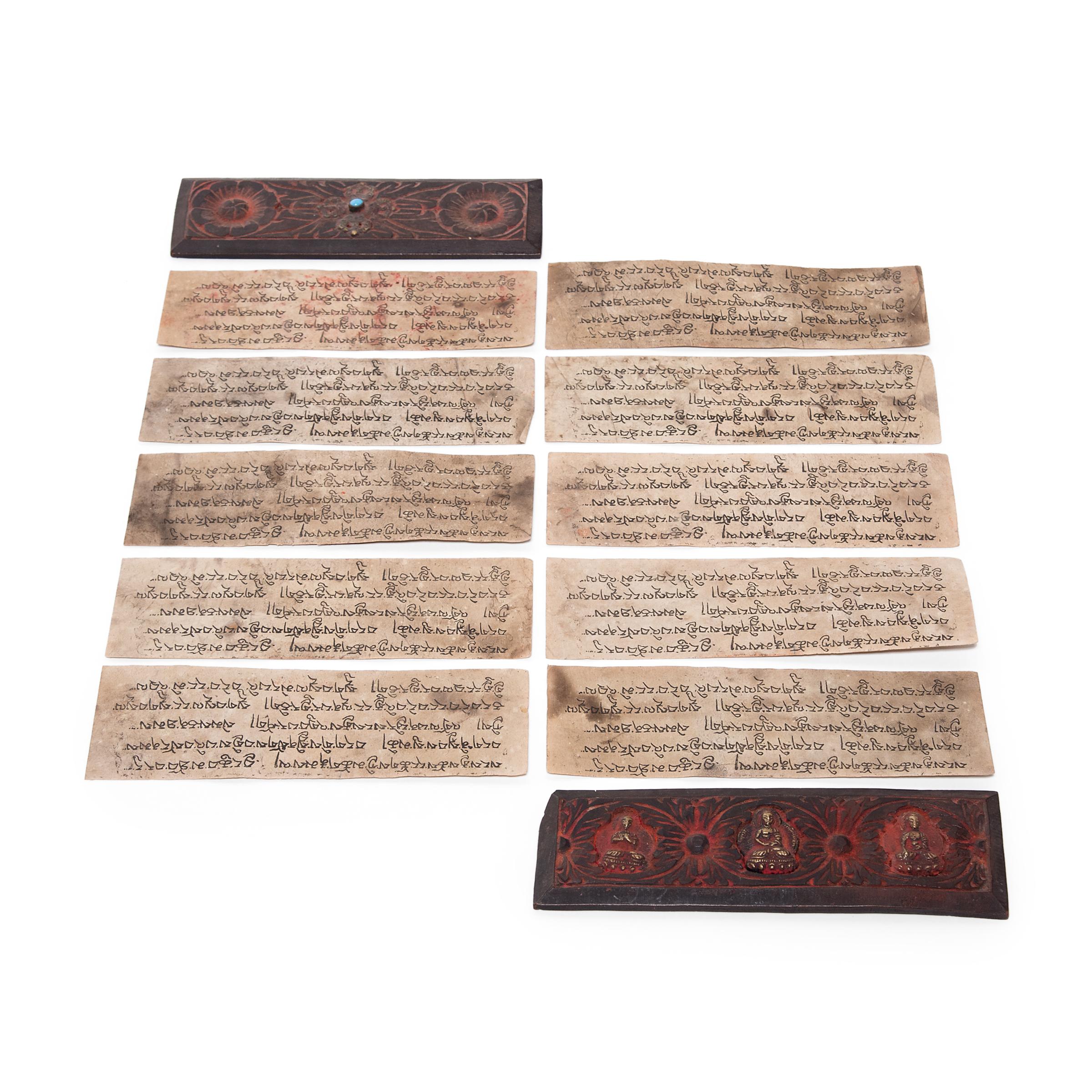 Tibetan Manuscript Book with Painted Cover, c. 1900 In Good Condition In Chicago, IL