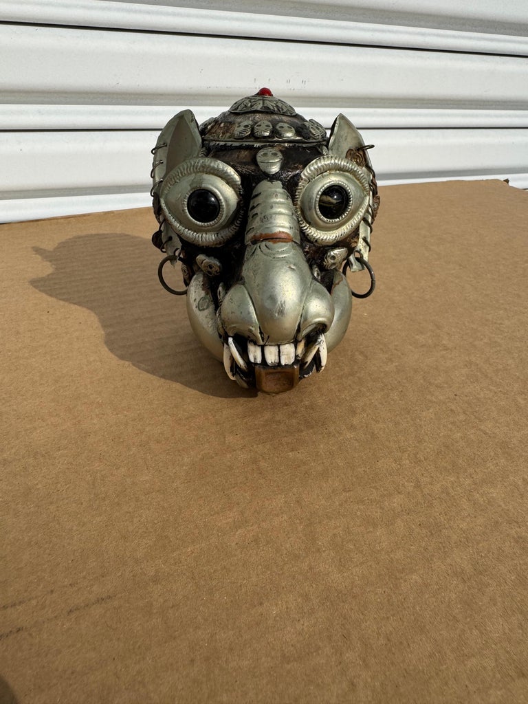 Tibetan Monkey Skull Sculpture with Metal Accents For Sale at 1stDibs