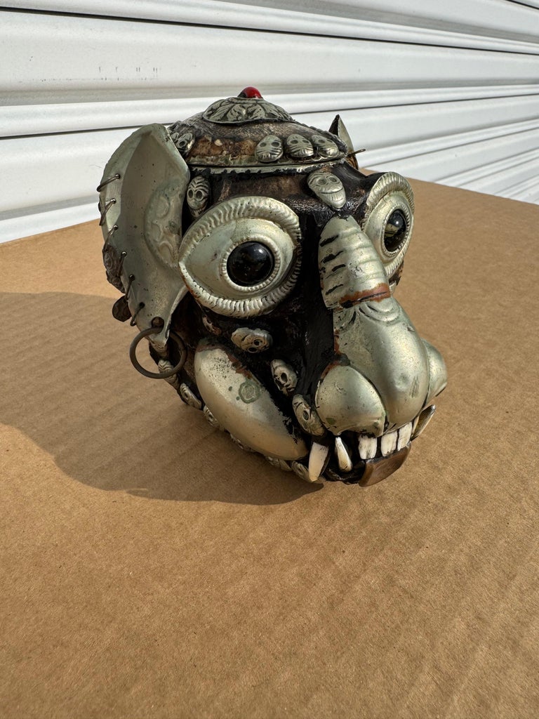 Tibetan Monkey Skull Sculpture with Metal Accents For Sale at 1stDibs