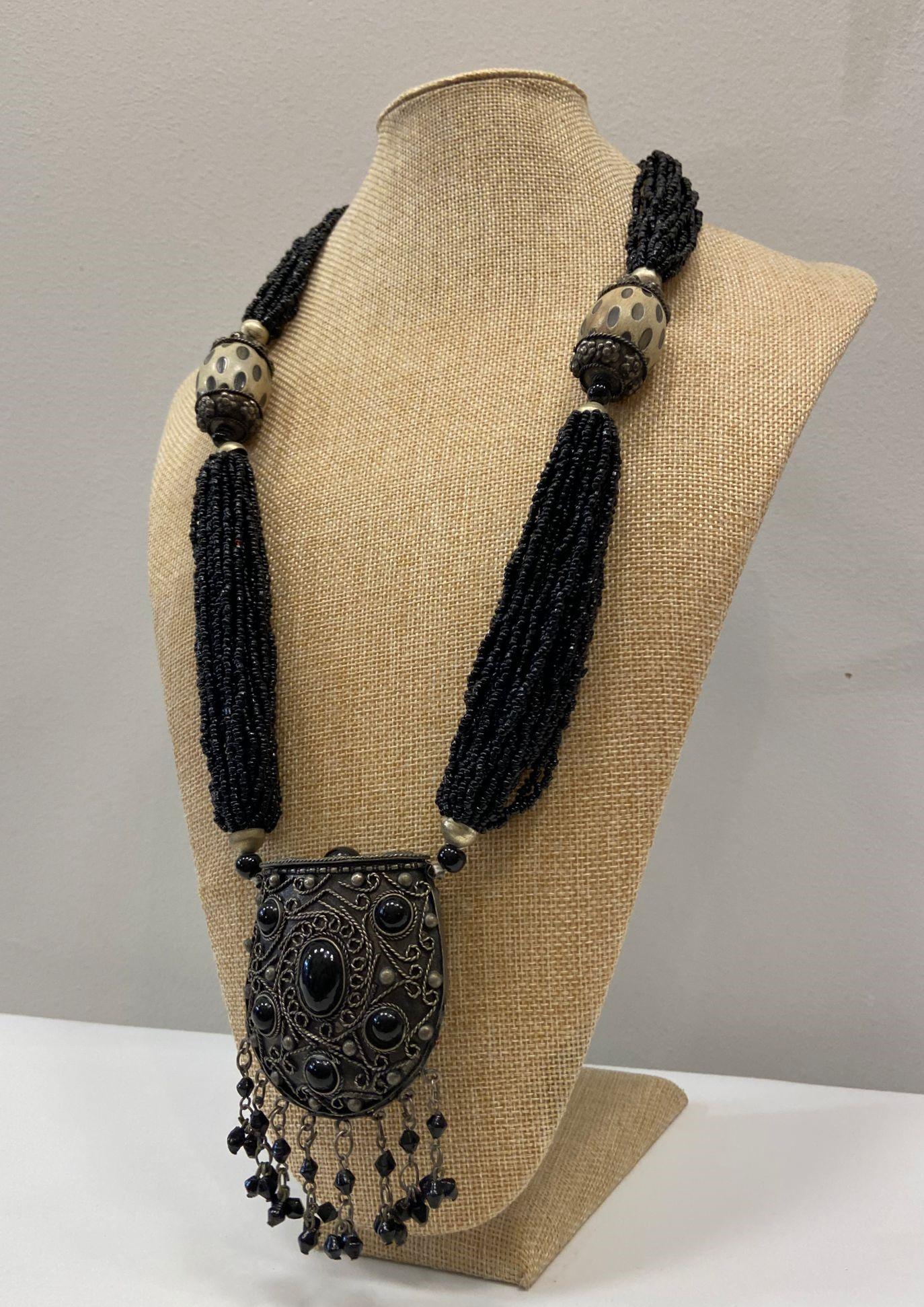 Artisan Tibetan necklace made of silver, onyx and bone, 50s For Sale