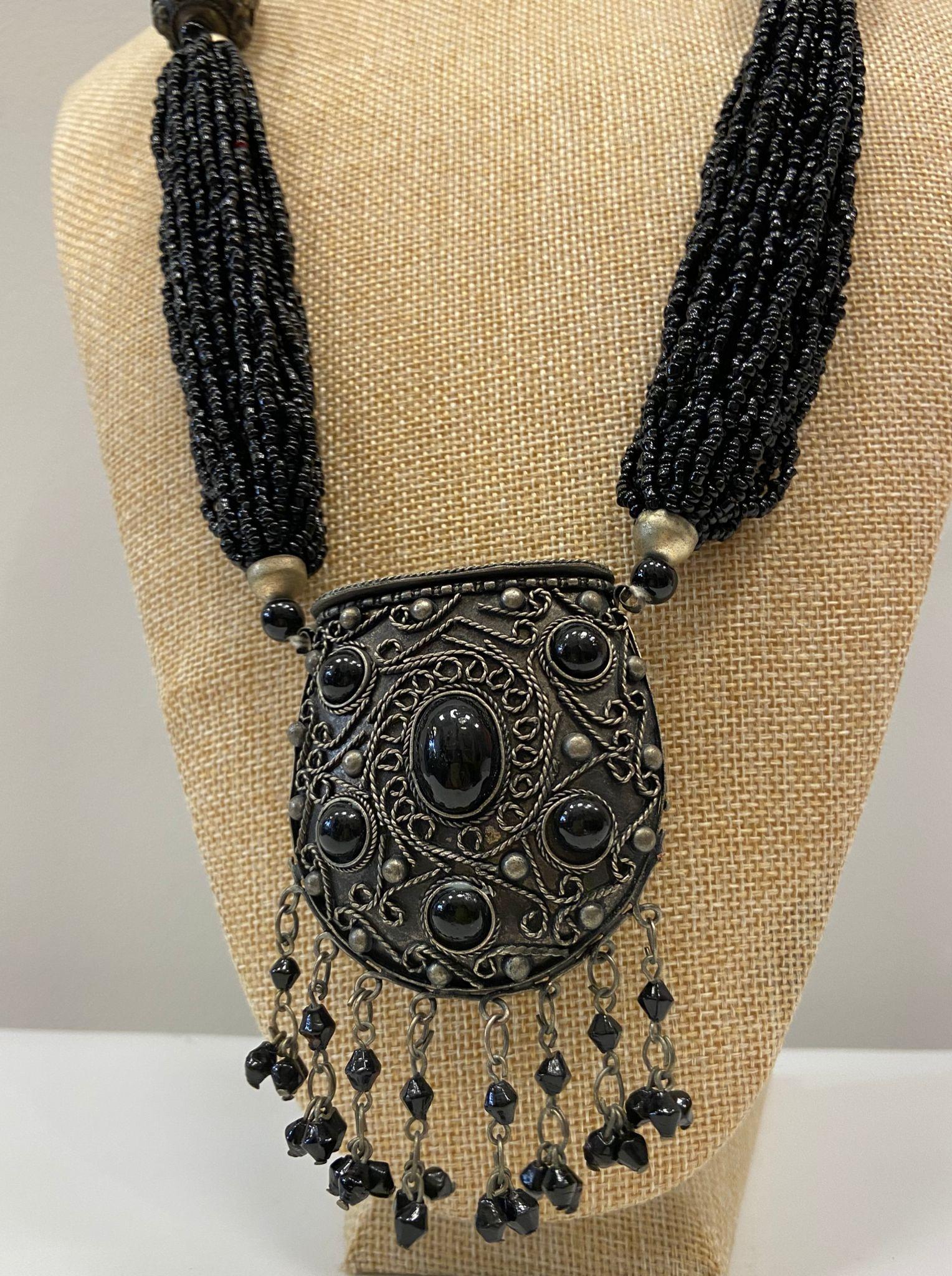 Antique Cushion Cut Tibetan necklace made of silver, onyx and bone, 50s For Sale
