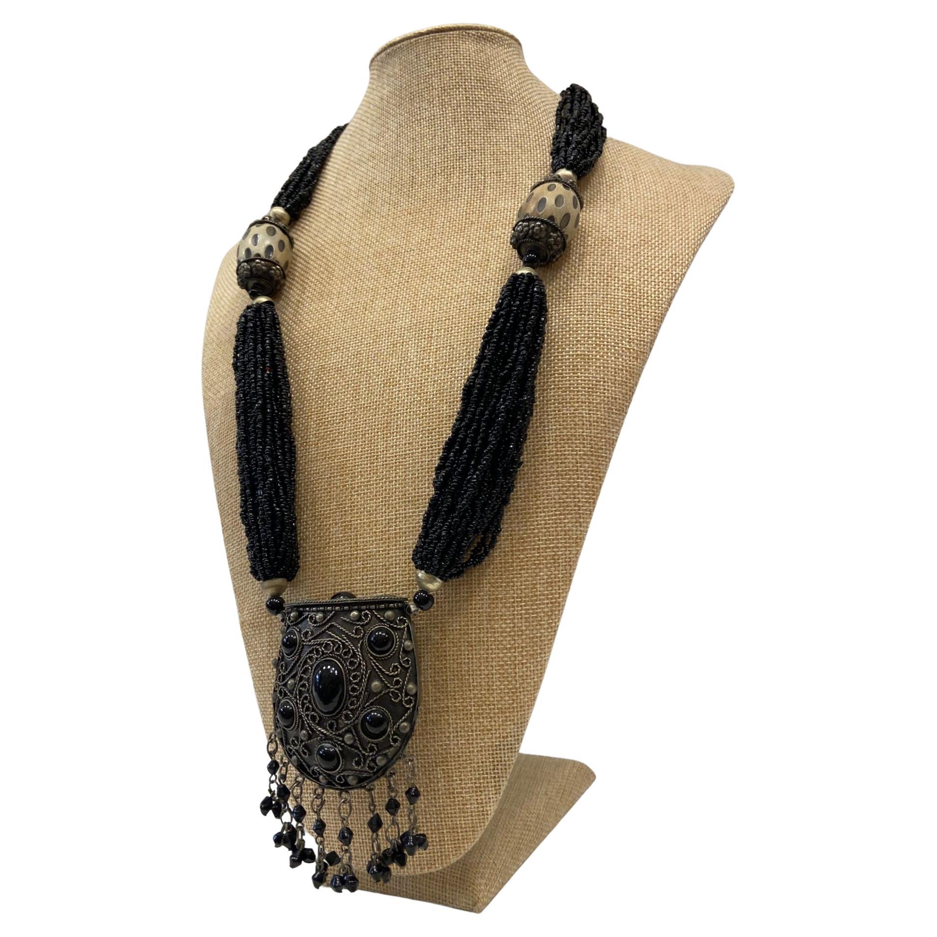 Tibetan necklace made of silver, onyx and bone, 50s For Sale