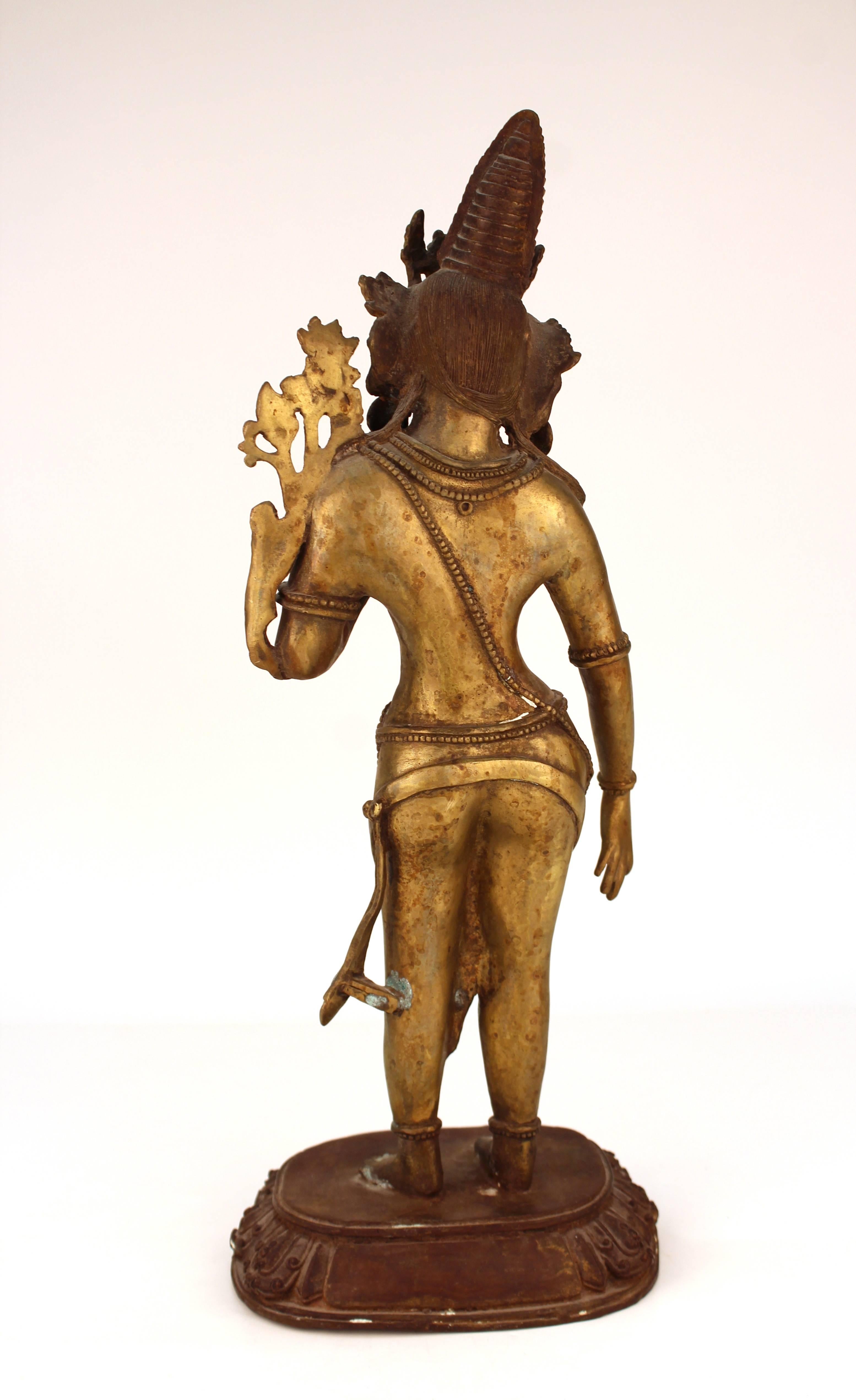 Tibetan or Indian Hindu Gilt Brass Figure of a Standing Bhumi Devi In Good Condition In New York, NY